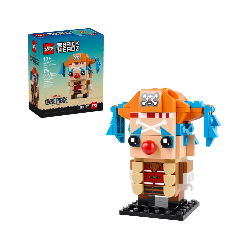 One Piece'ten Palyaço Buggy LEGO BrickHeadz, kutusuyla.