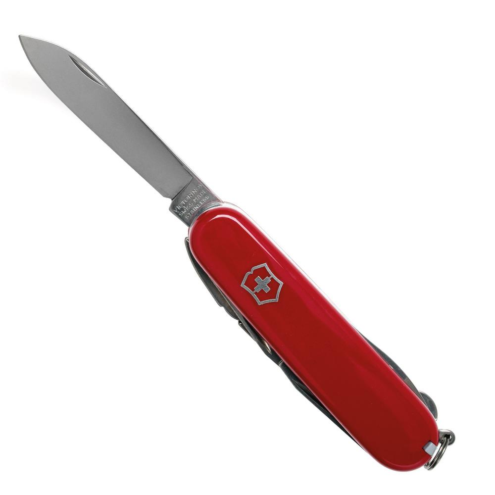 Açık bıçaklı ve İsviçre haçı logolu kırmızı bir Victorinox çakı.