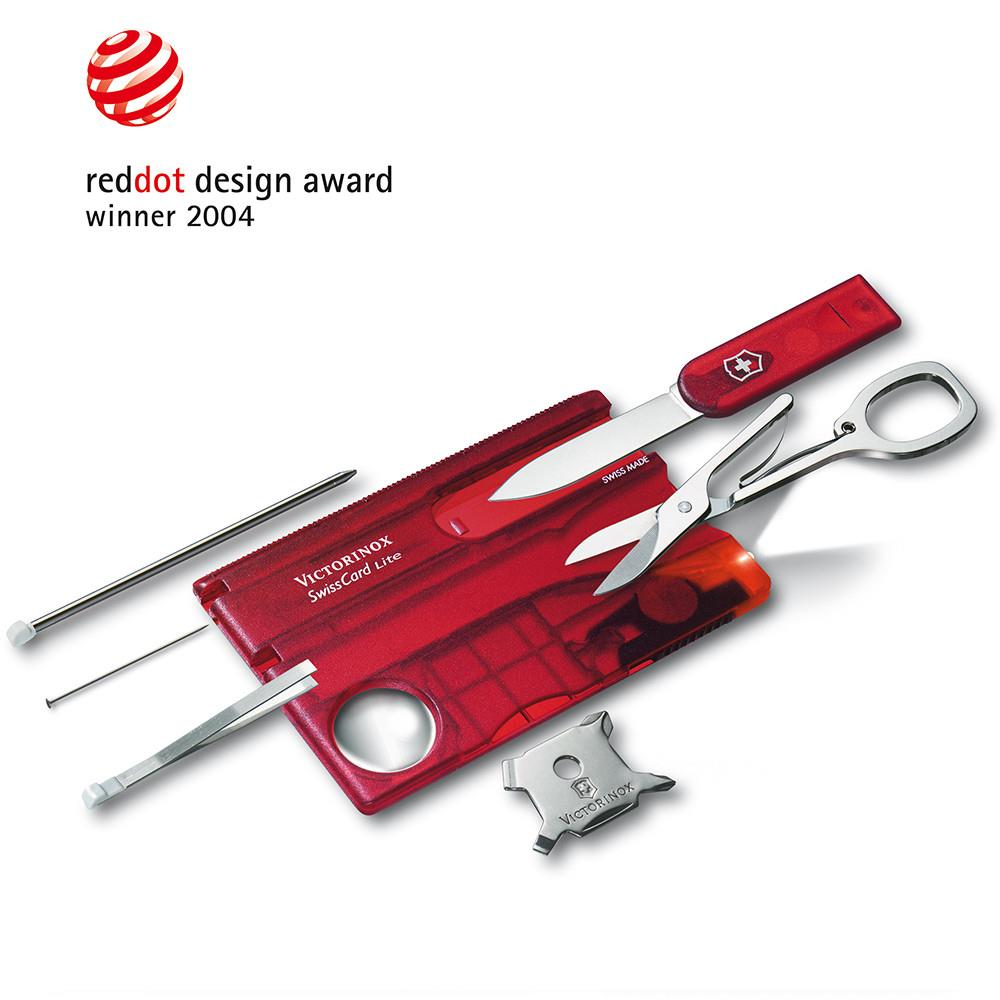 Kırmızı Victorinox SwissCard Lite çok amaçlı alet; bıçak, makas, cımbız, büyüteç.