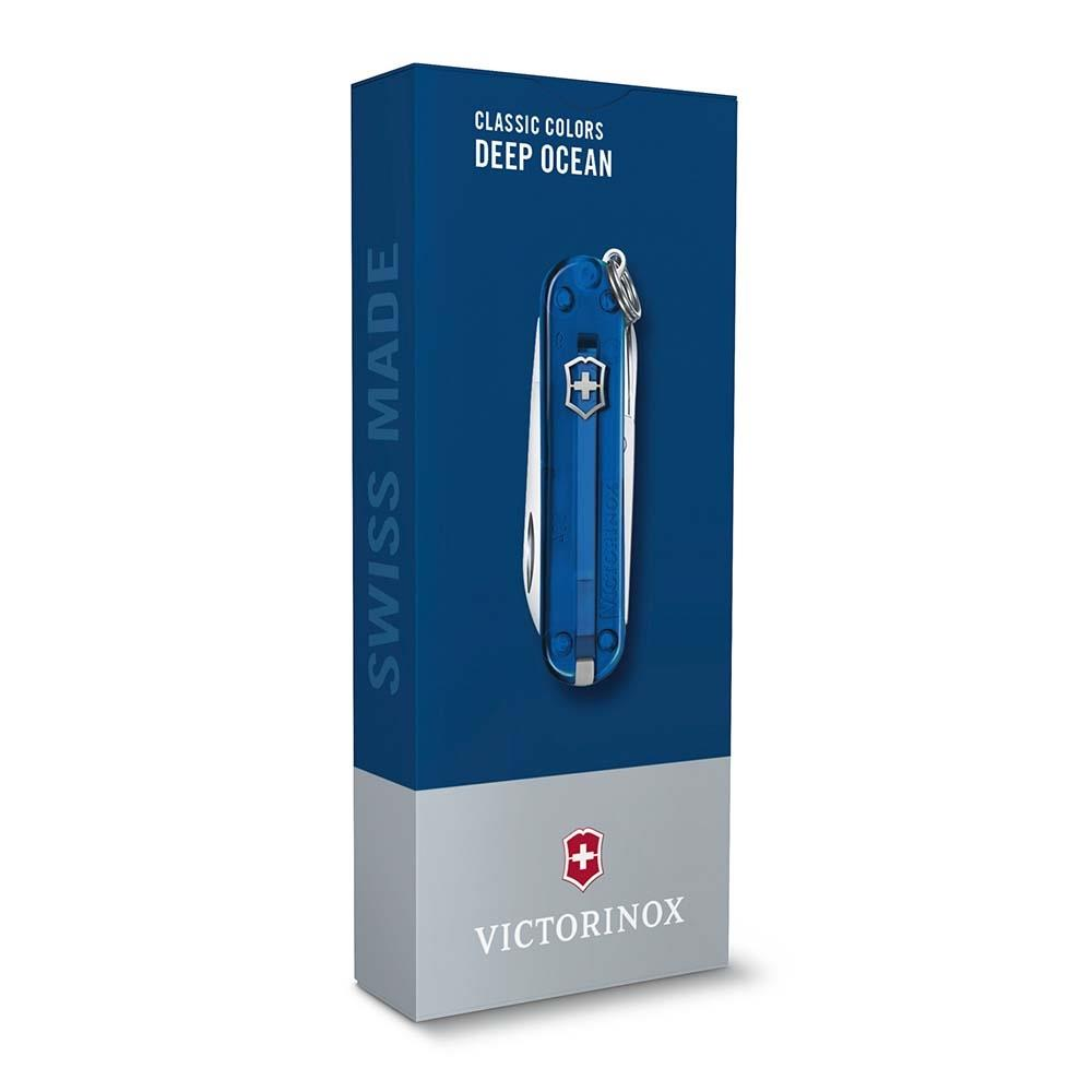 Bıçaklı mavi Victorinox ambalajı, "Classic Colors Deep Ocean".