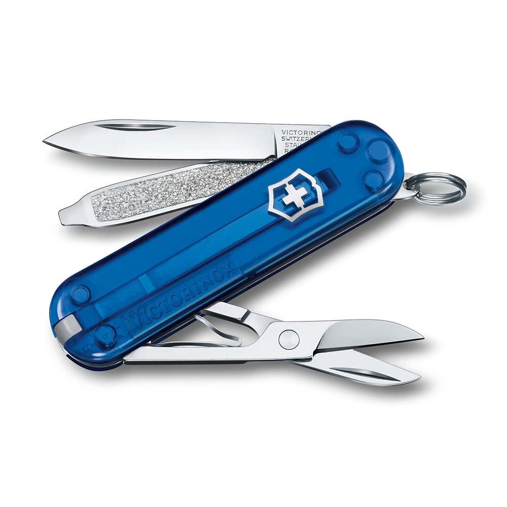 Mavi Victorinox çakı, bıçak, makas ve cımbızlı.