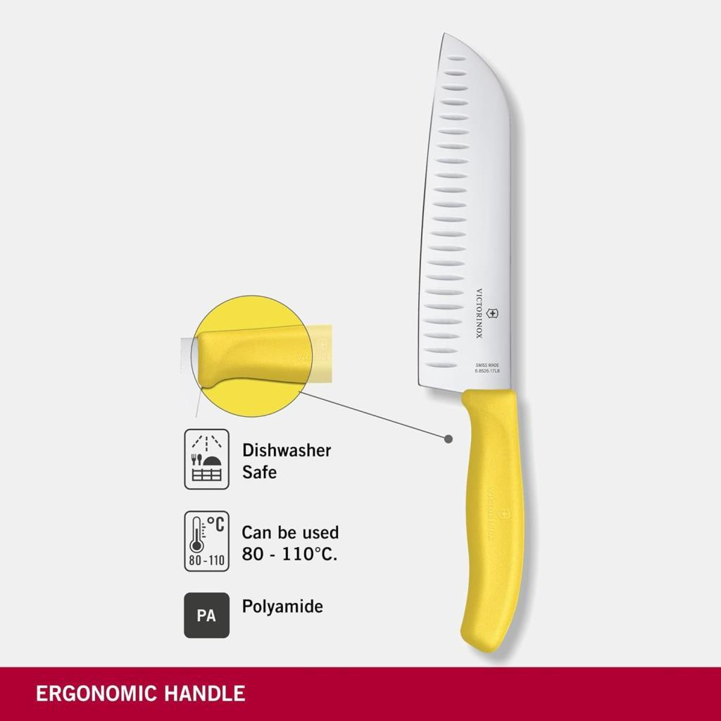 Beyaz bıçaklı ve sarı saplı Victorinox bıçağı. Bulaşık makinesinde yıkanabilir.