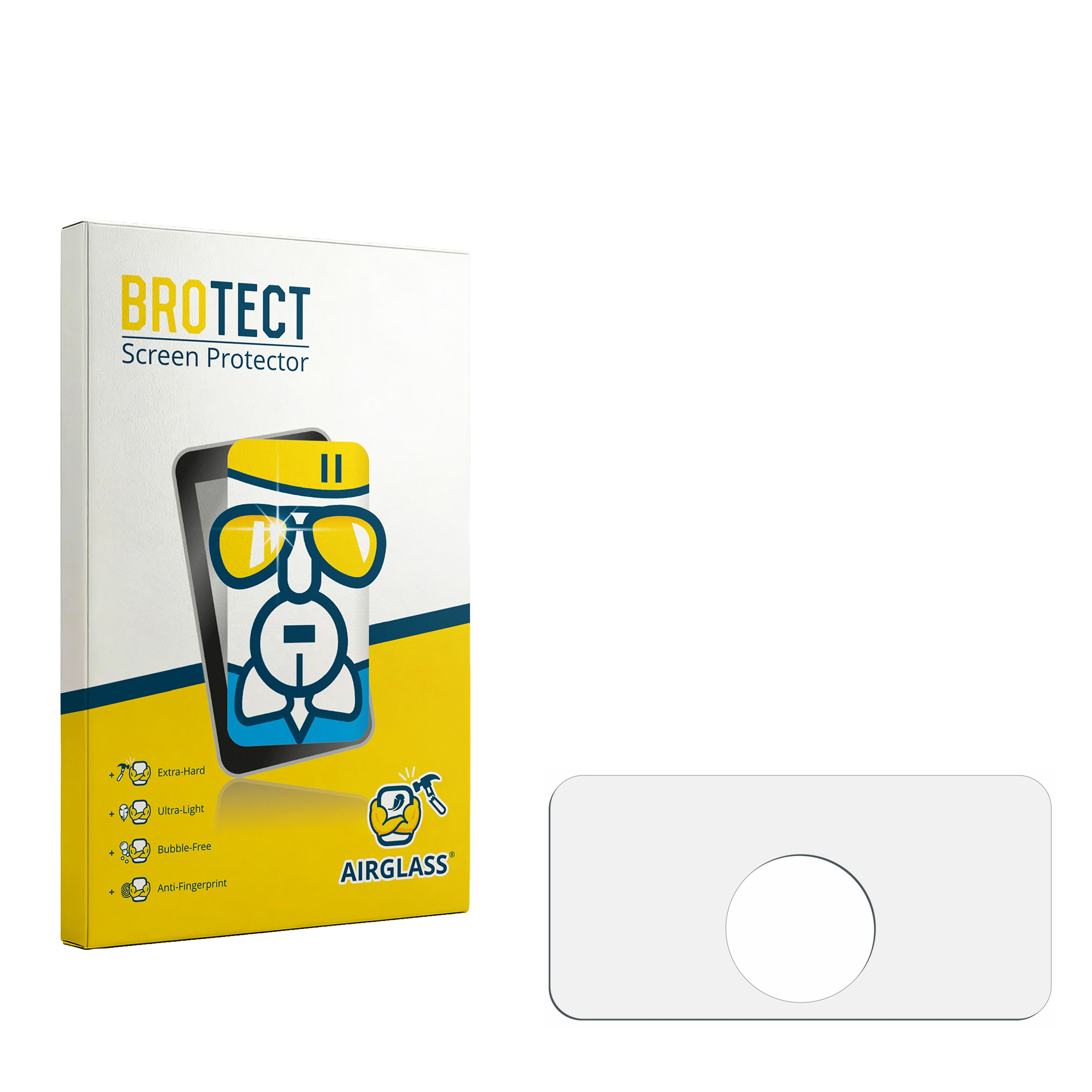 Verpackung für BROTECT Displayschutzfolie mit einem Bild eines Telefons mit Brille daneben.