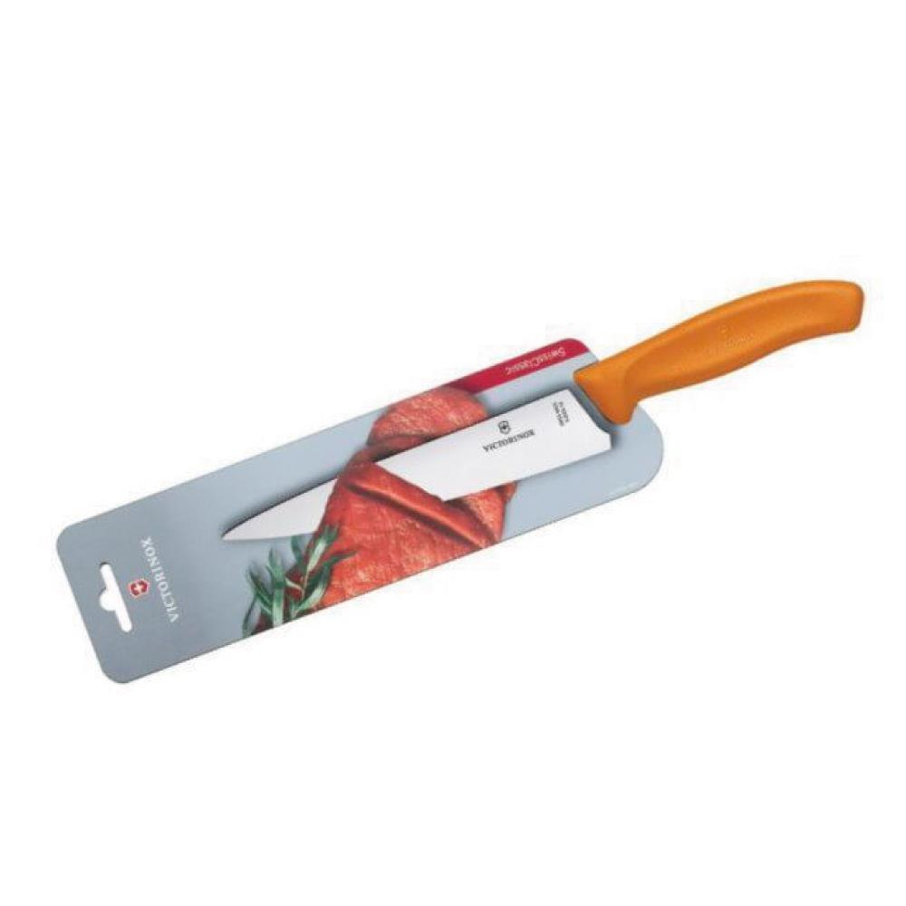 Turuncu saplı bir Victorinox mutfak bıçağı ambalajında.
