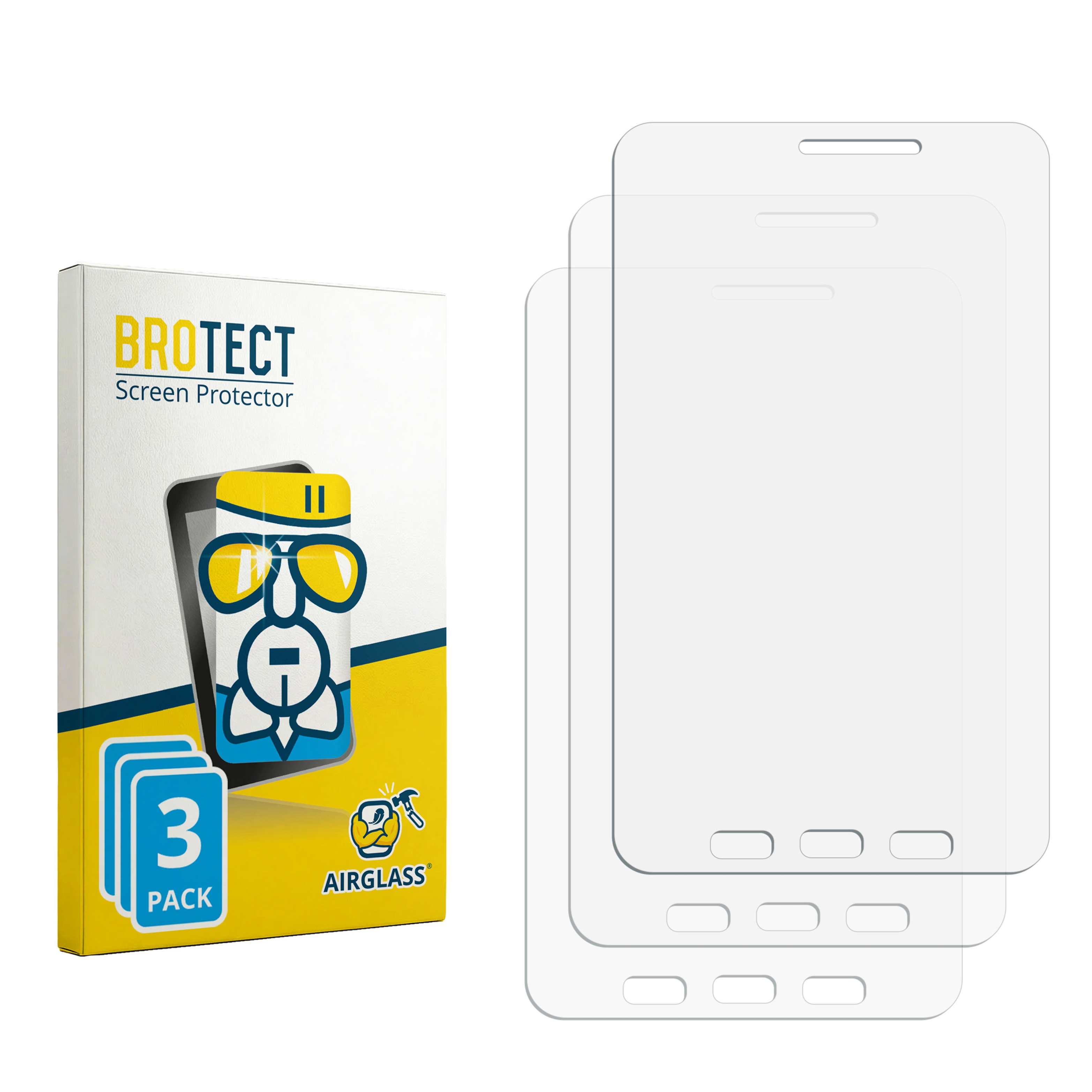Verpackung mit 3 Displayschutzfolien für Smartphones, mit Comic-Motiv und Logo.