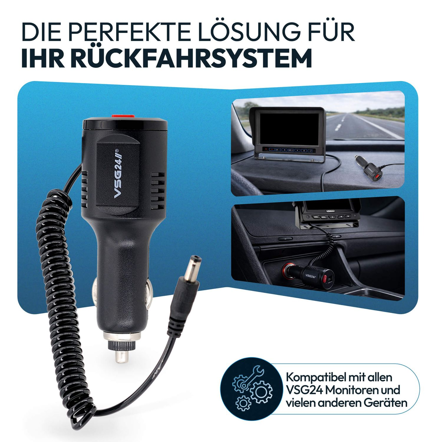 Schwarzer Zigarettenanzünder-Adapter mit Spiralkabel und DC-Stecker.