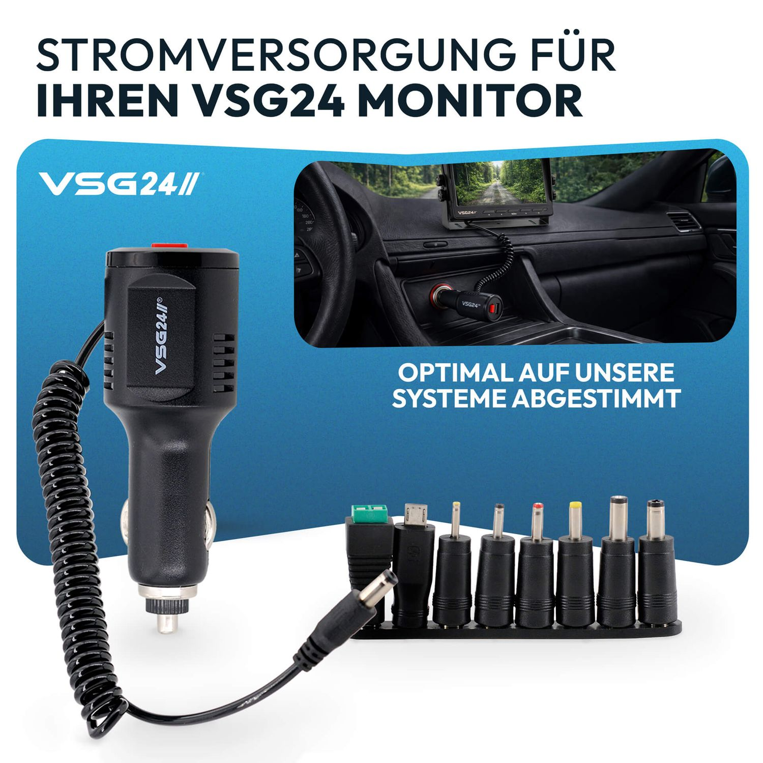 Autoladegerät mit mehreren Spitzen und einem Monitor im Armaturenbrett.