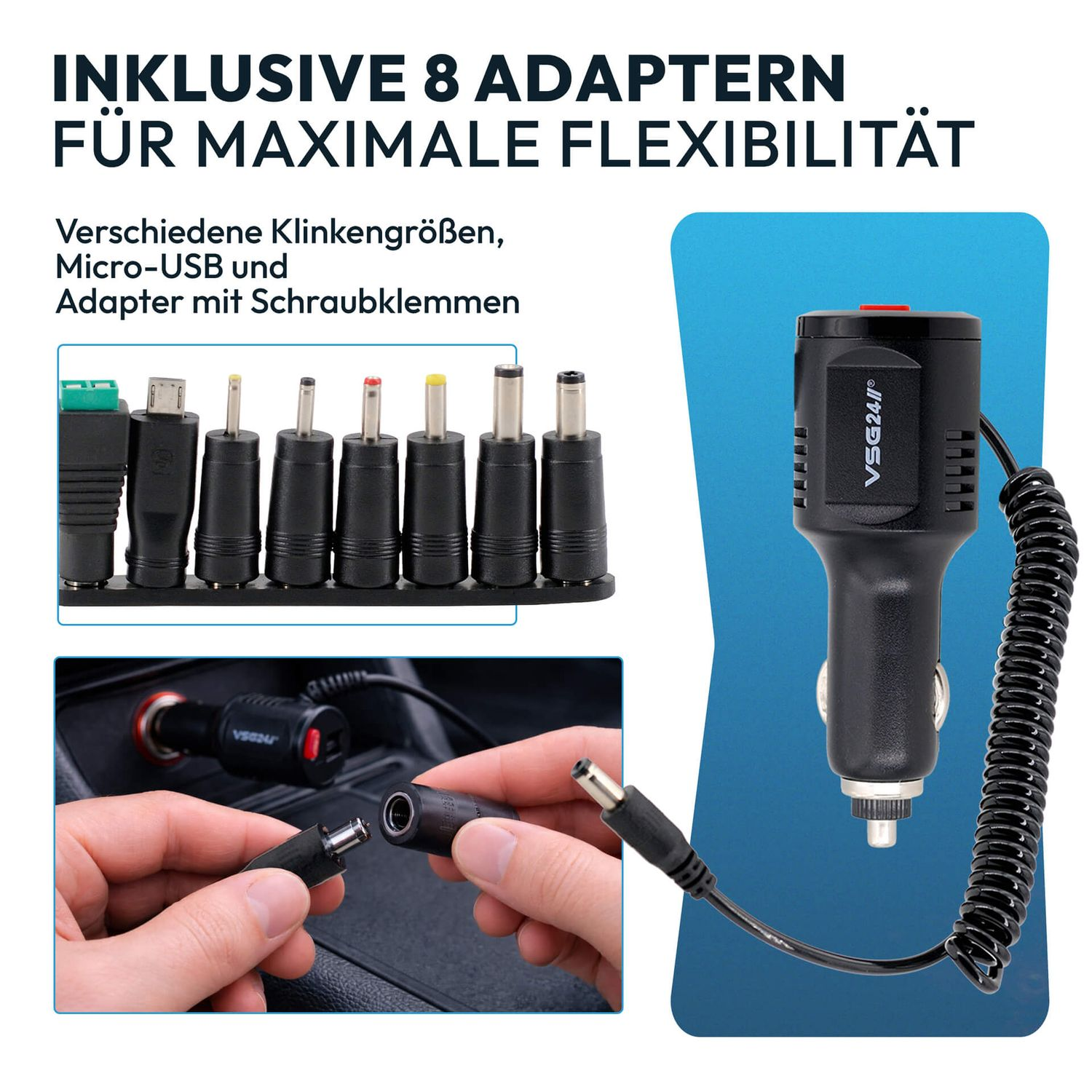Netzteil-Adapter mit 8 verschiedenen Spitzen, Auto-Ladegerät und Klinkengrößen.