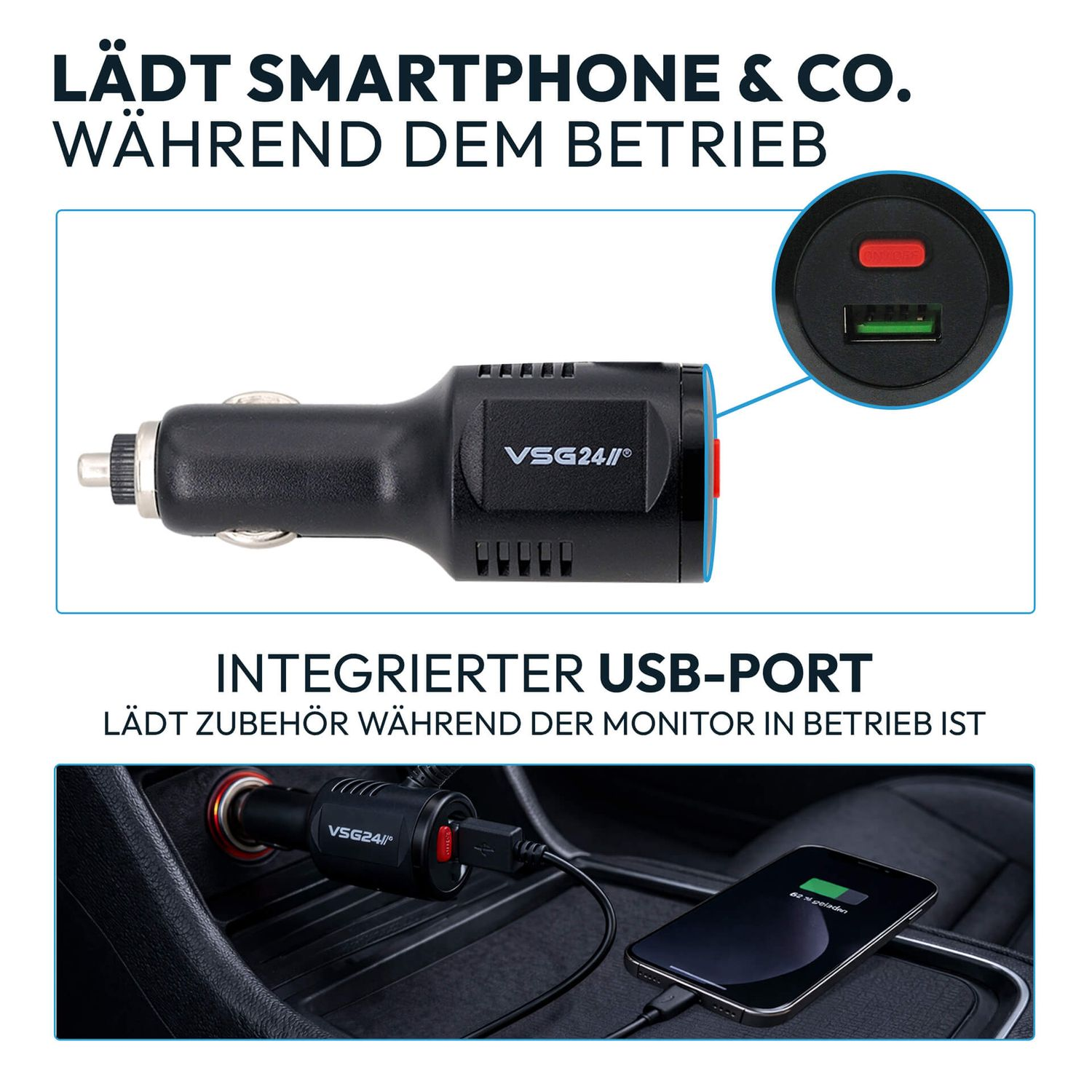 Schwarzer KFZ-USB-Adapter lädt ein Smartphone mit blauem Ladebildschirm im Auto.