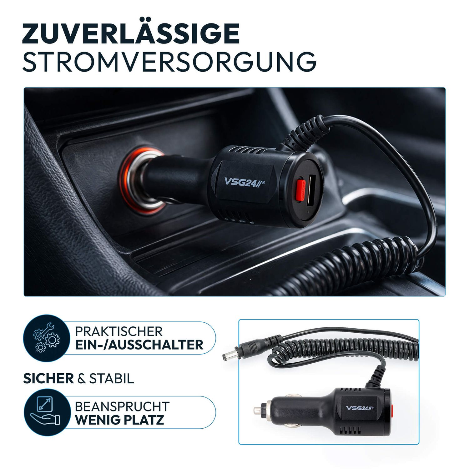 Schwarzer Zigarettenanzünder-Adapter mit VSG24-Logo in einem Auto.