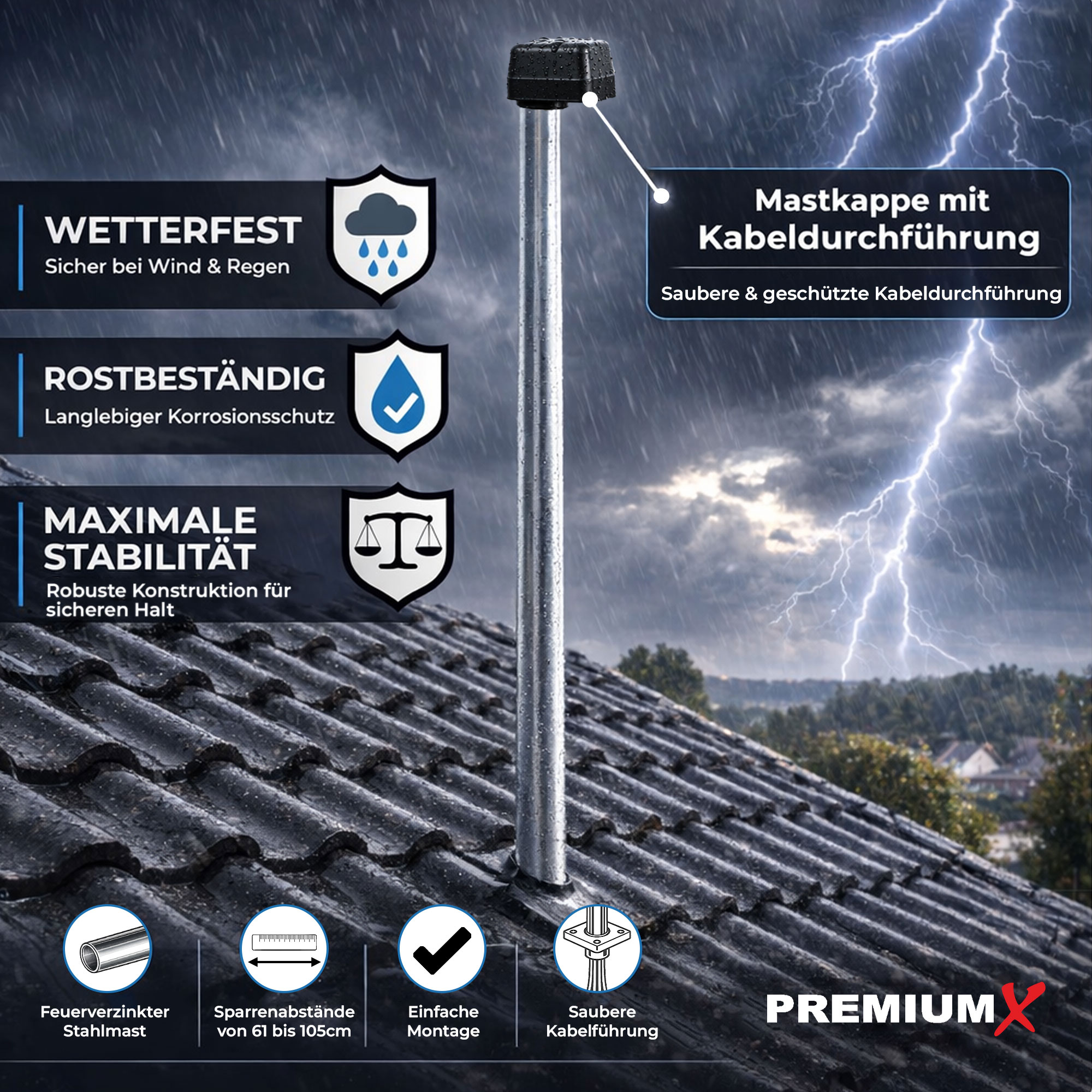 Metallmast auf Ziegeldach bei Regen und Blitz. Merkmale: wetterfest, rostfrei, stabil.