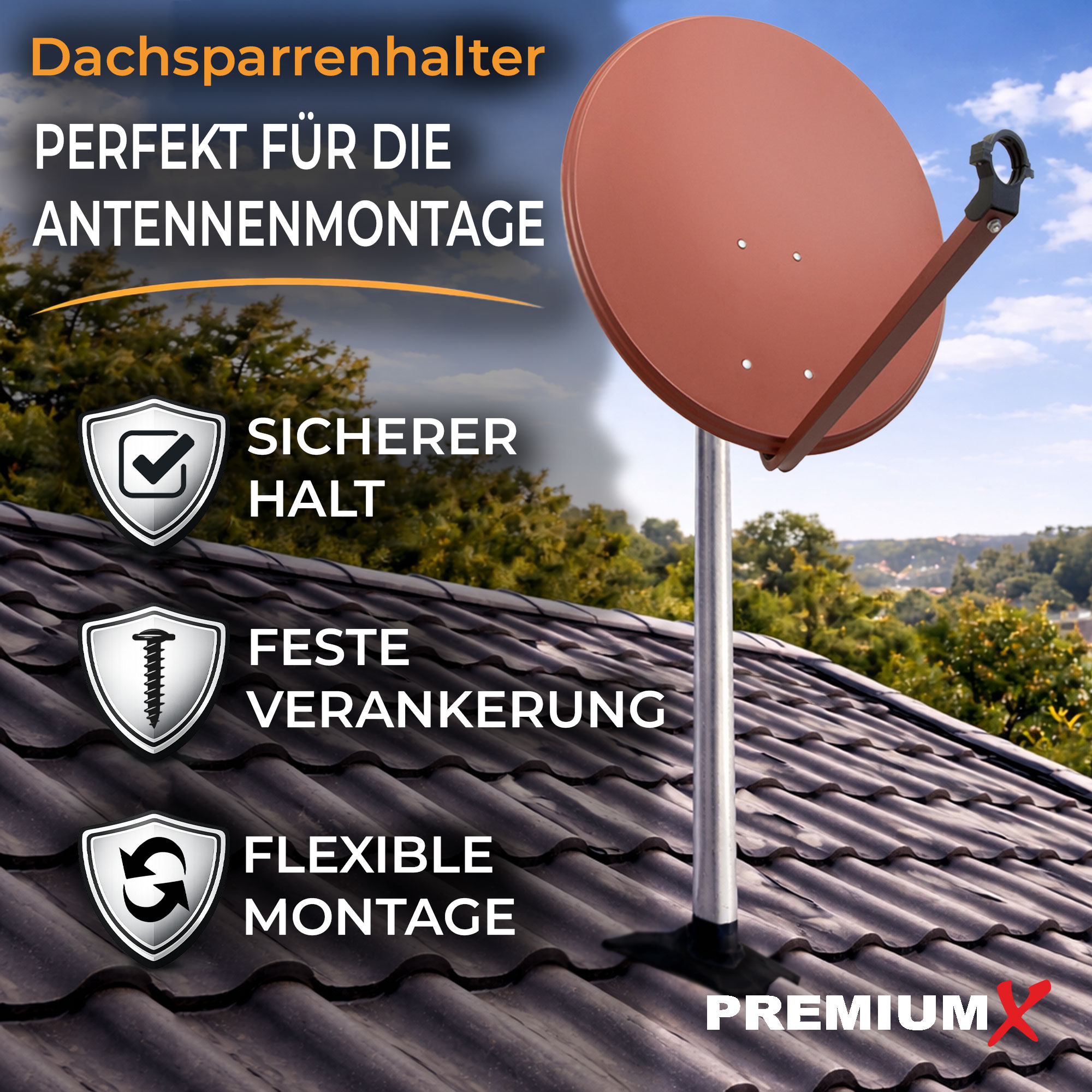 Dachsparrenhalter mit brauner Satellitenschüssel auf einem Ziegeldach.