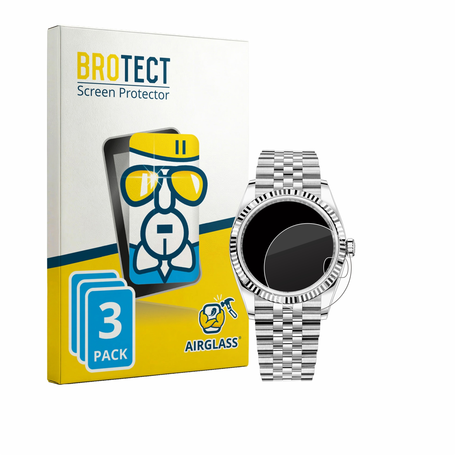 BROTECT Displayschutzfolie 3er-Pack neben einer Silberuhr mit schwarzem Zifferblatt.