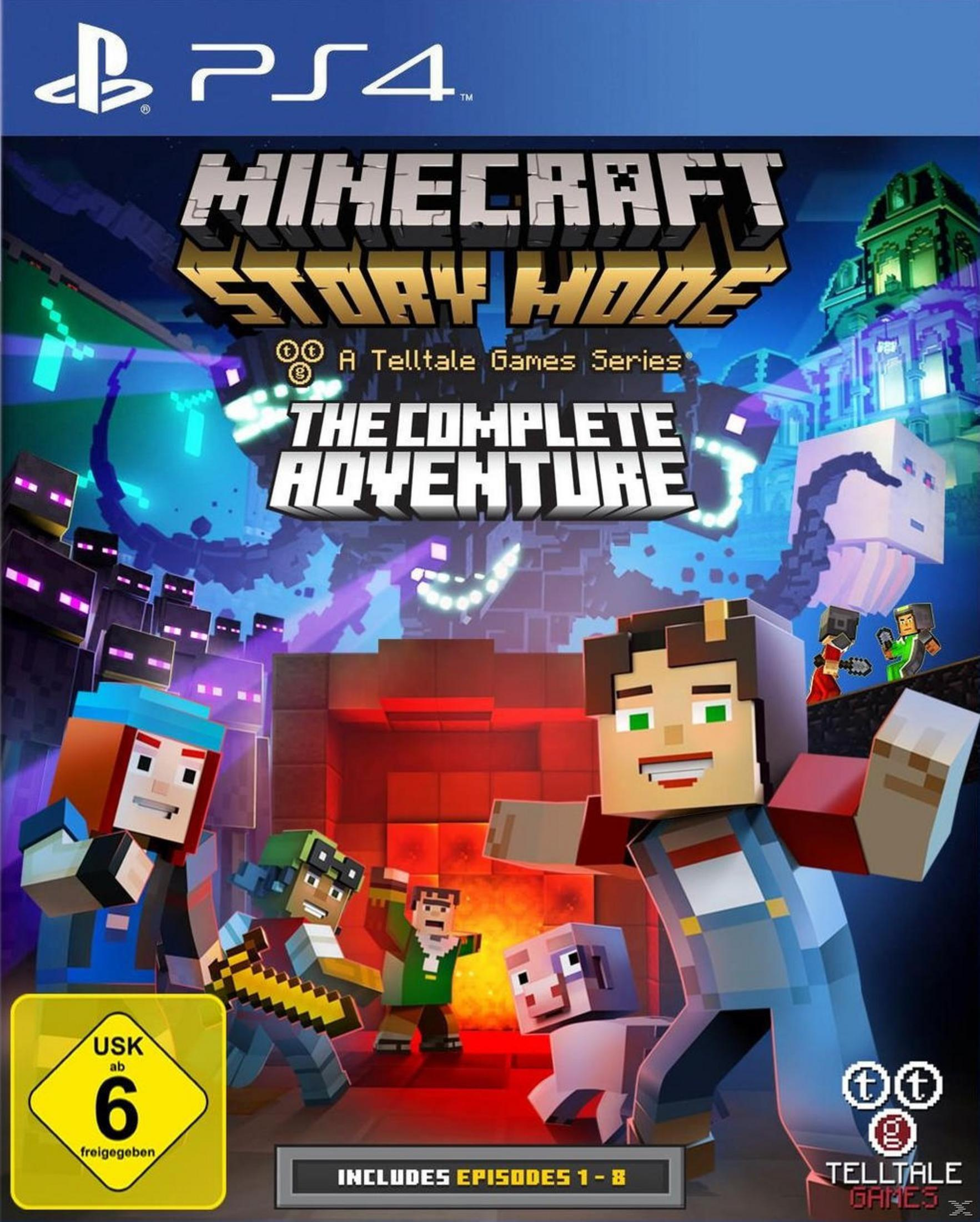 Cover von Minecraft Story Mode: The Complete Adventure für PS4 mit Charakteren und dem USK-6-Siegel.