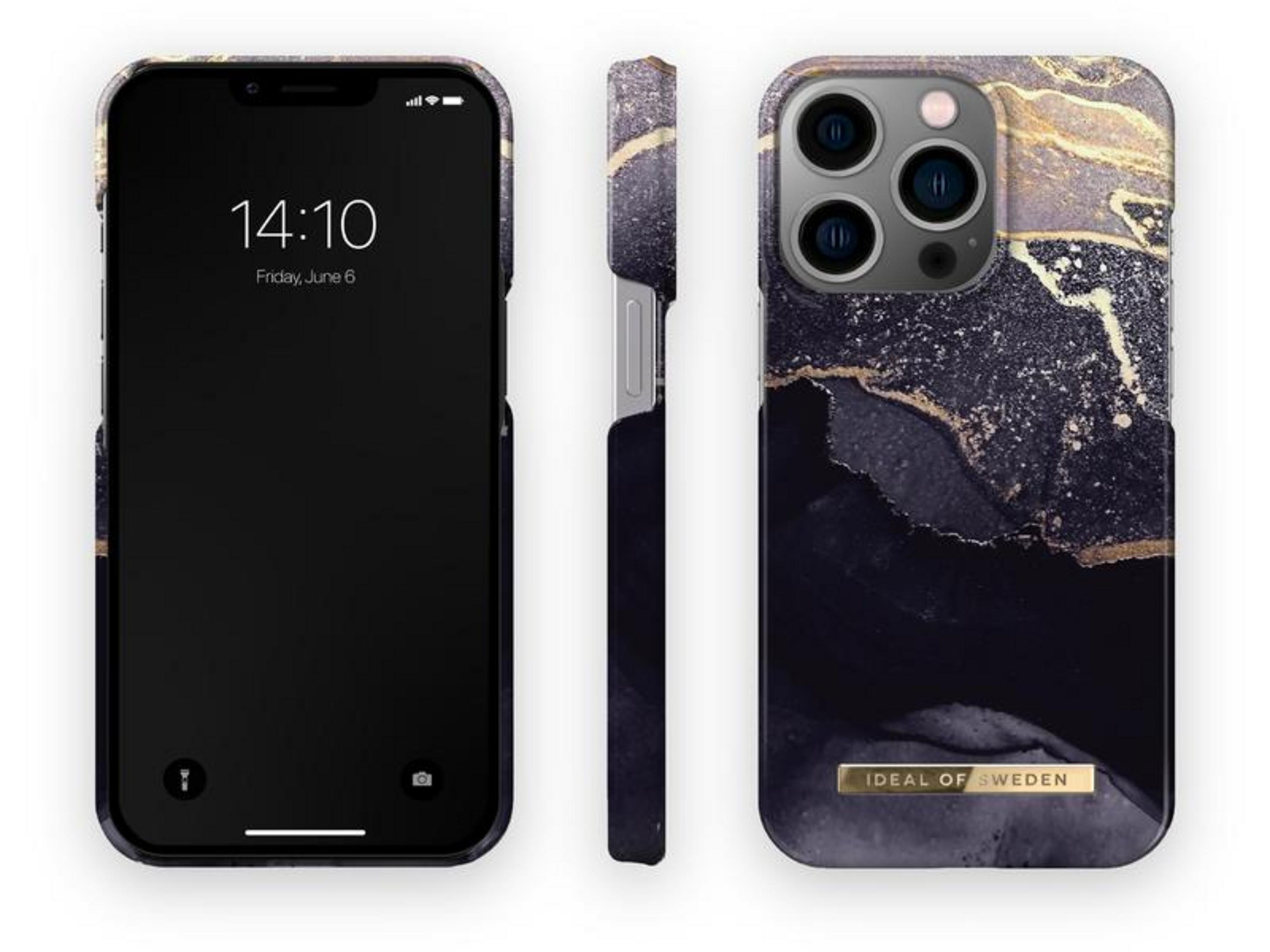 Altın vurgulu koyu mermer telefon kılıfının üç görünümü.