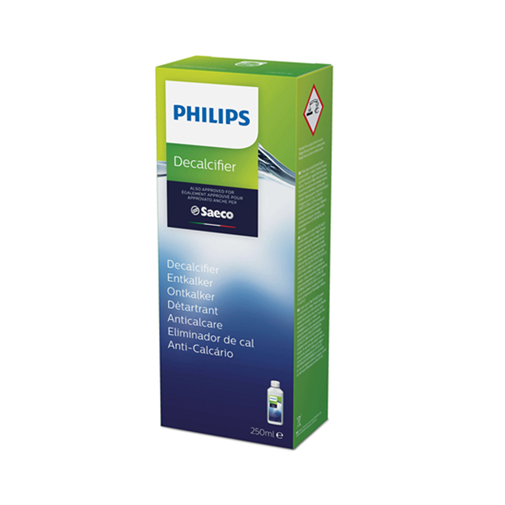 Philips Entkalker-Verpackung mit mehrsprachigem Text und kleinem Flaschensymbol.