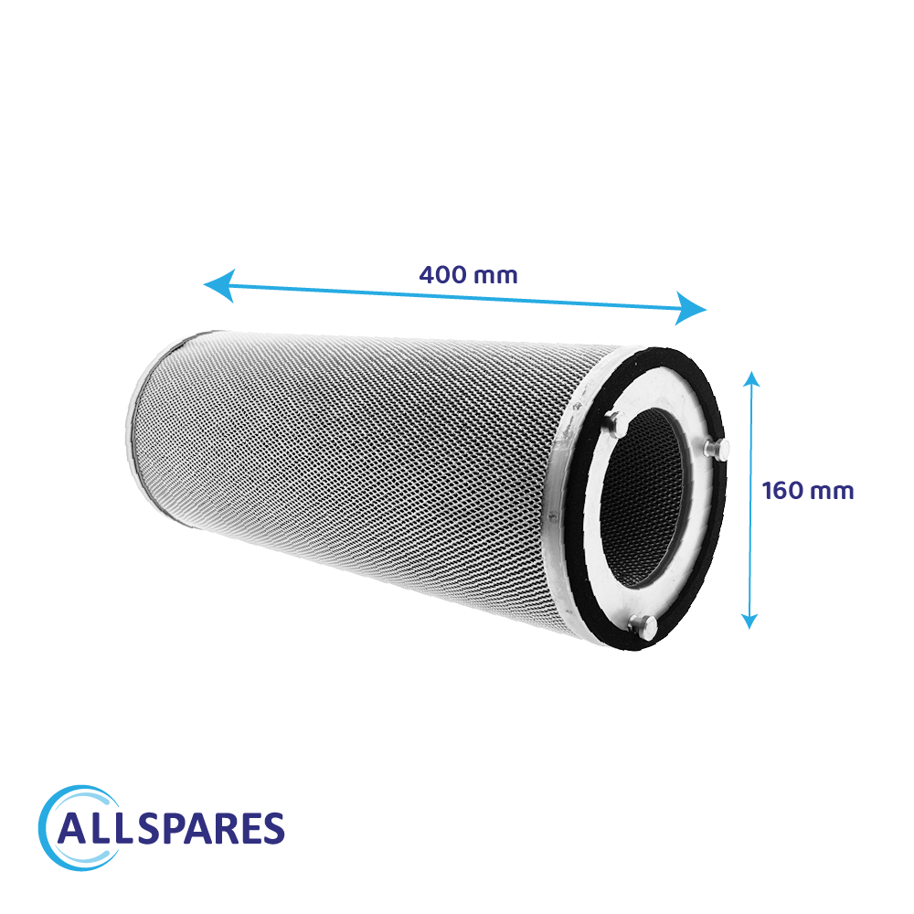 Ein zylindrischer Aktivkohlefilter mit Maßen von 400 mm Länge und 160 mm Durchmesser.