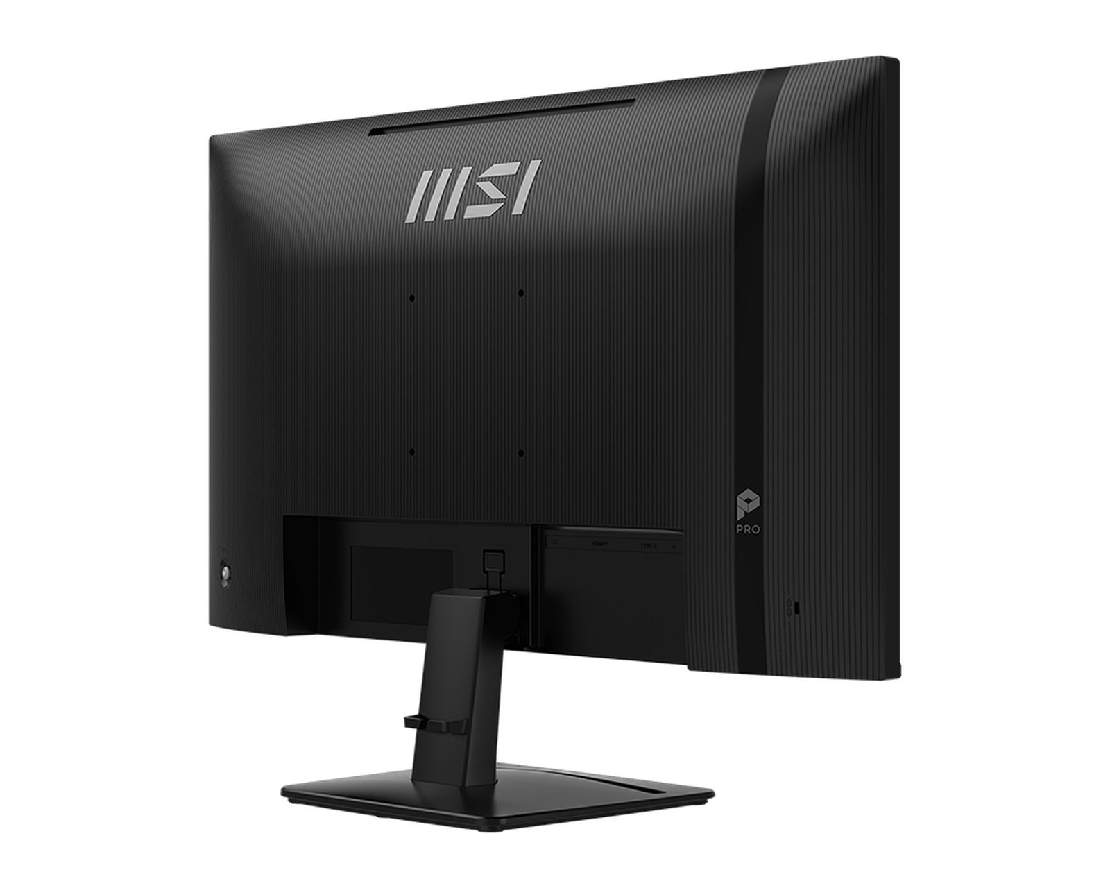 Widok z tyłu czarnego monitora MSI ze stojakiem i portami.