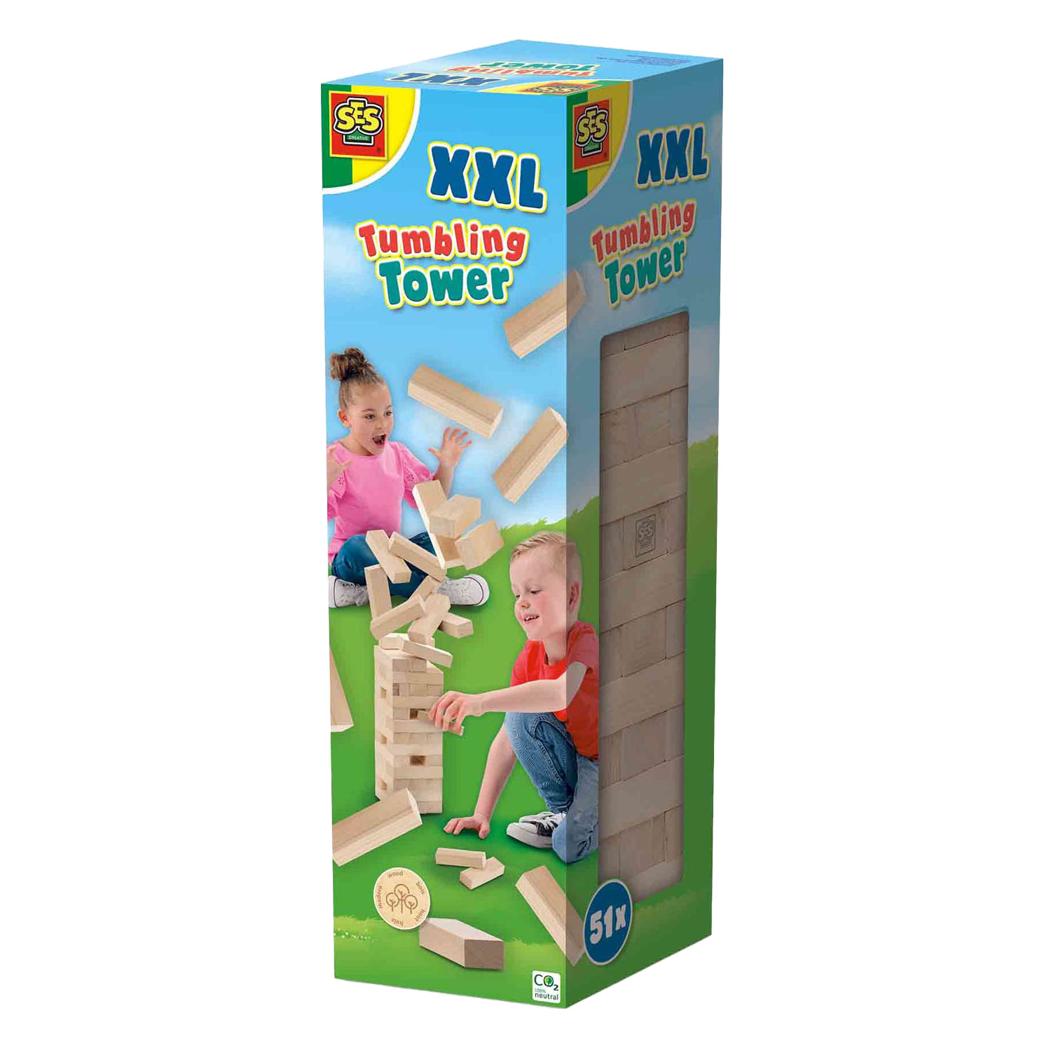 Scatola del gioco XXL Tumbling Tower con bambini che giocano e blocchi di torre sparsi.