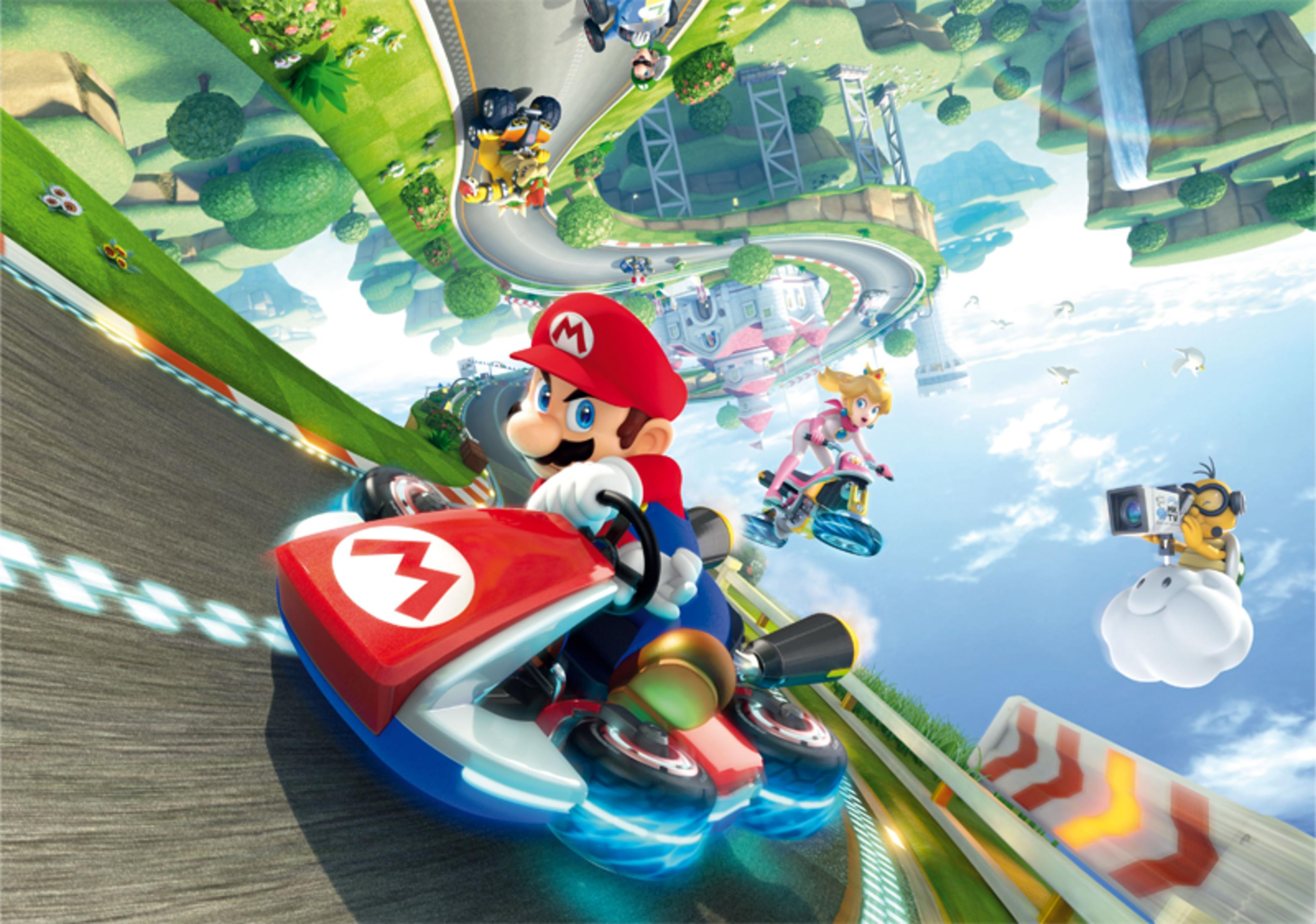 Mario in zijn rode kart racet op een circuit met Prinses Peach en een Koopa-verslaggever.