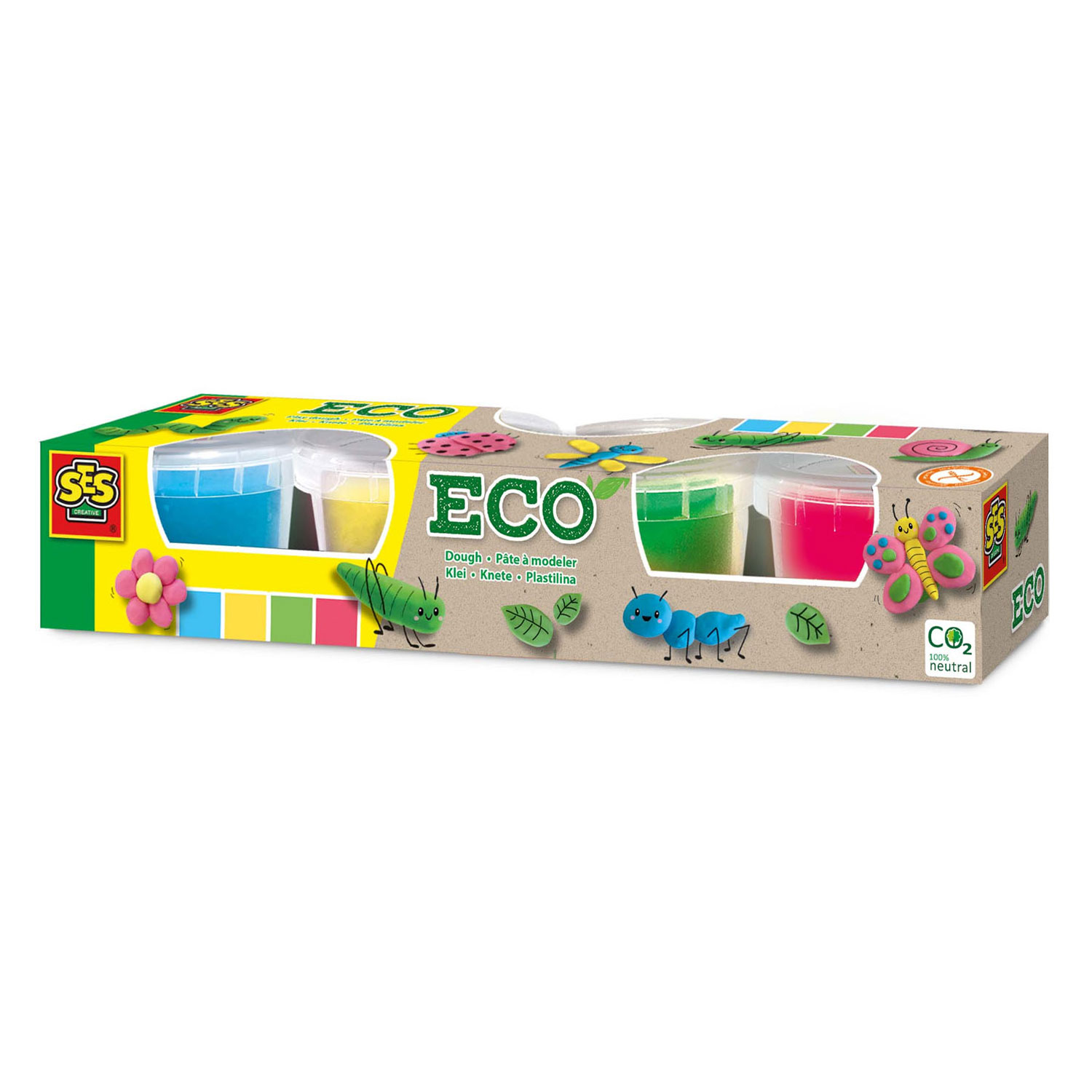Verpackung mit vier Töpfen Knete in Blau, Gelb, Grün und Rosa, mit Insektenmotiven.