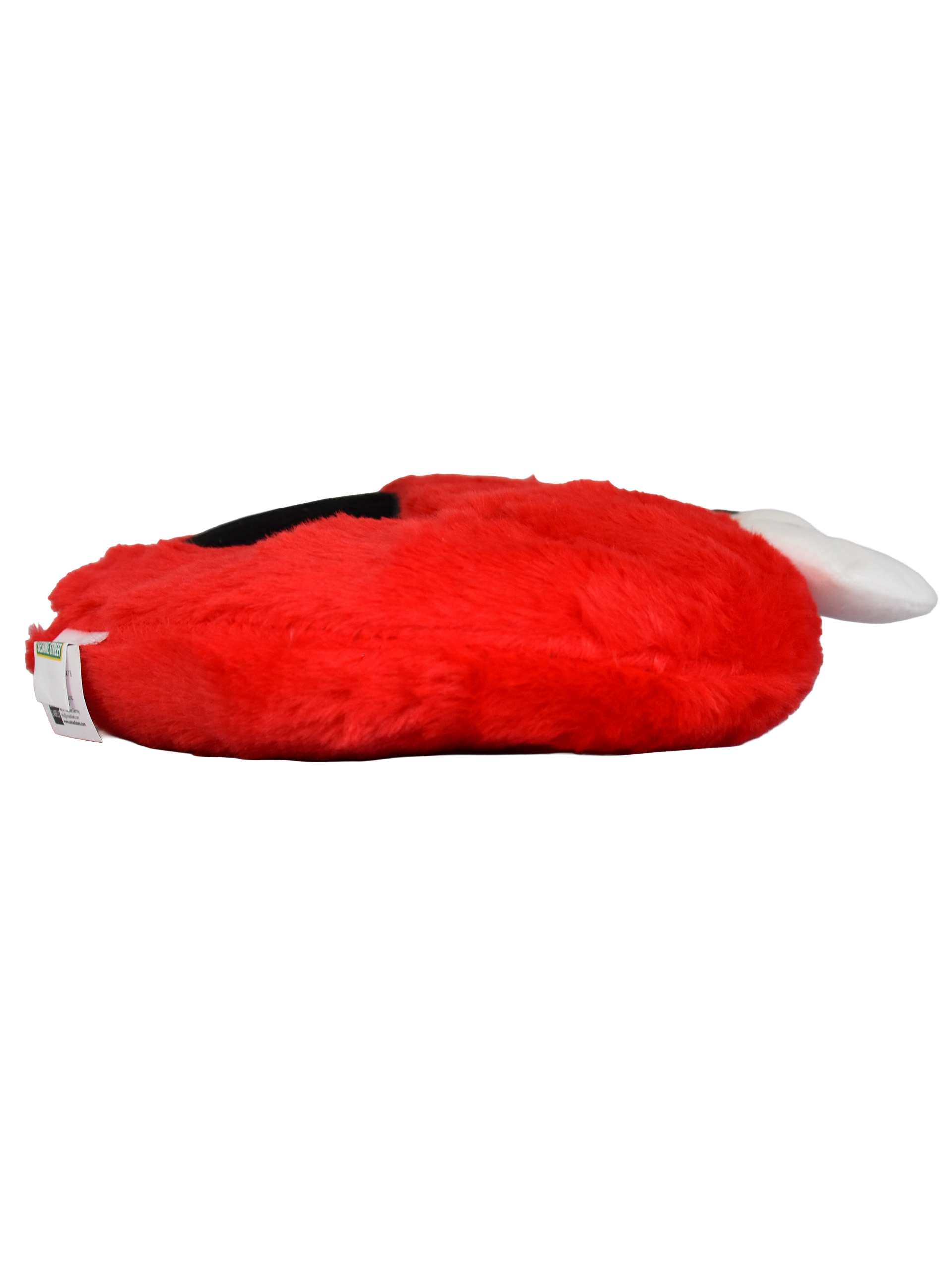Ein roter, flauschiger Pantoffel mit einem schwarzen Streifen und einem weißen Schwanz.