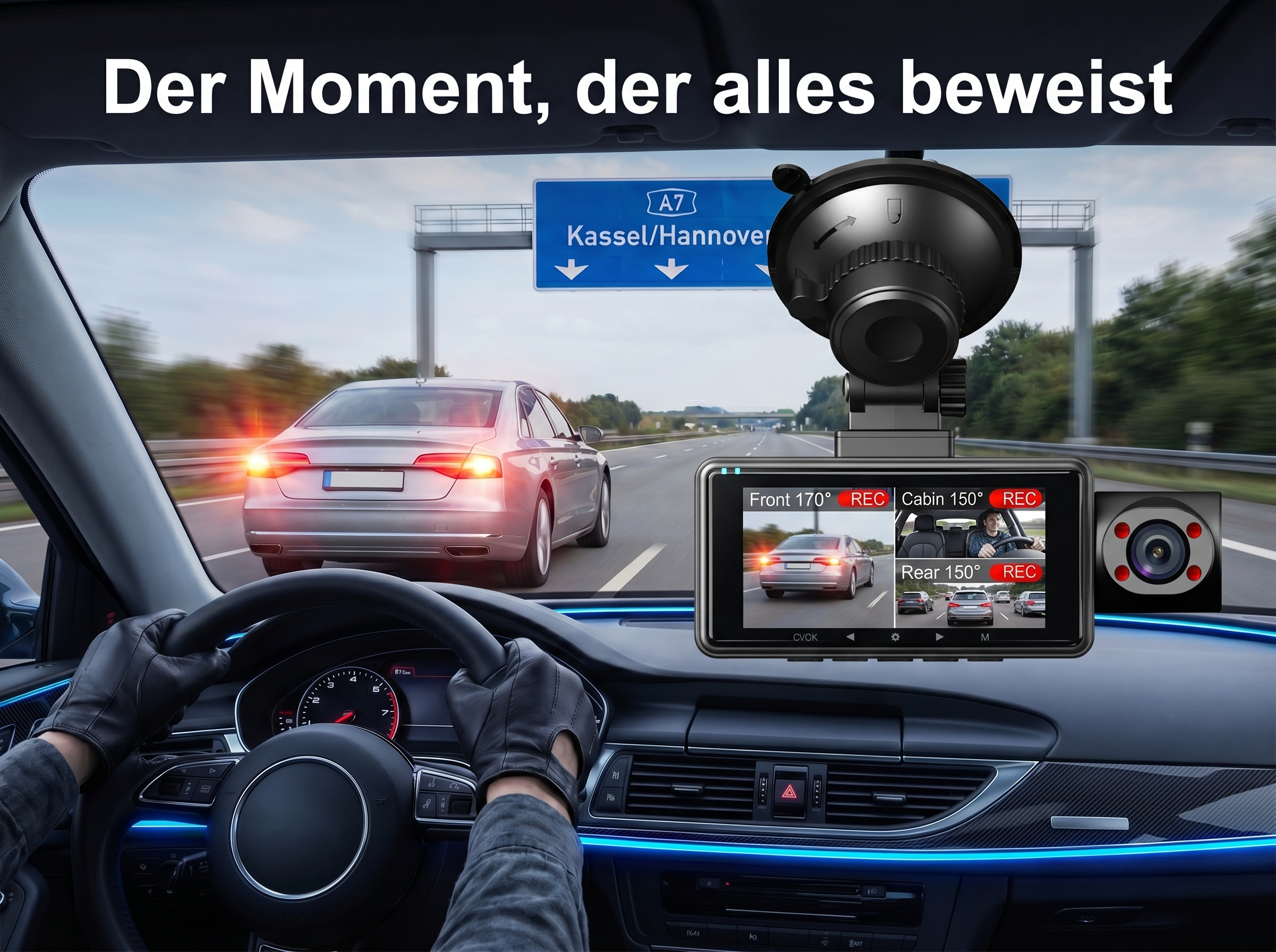 Fahrerperspektive auf Autobahn mit Dashcam, die mehrere Ansichten zeigt.