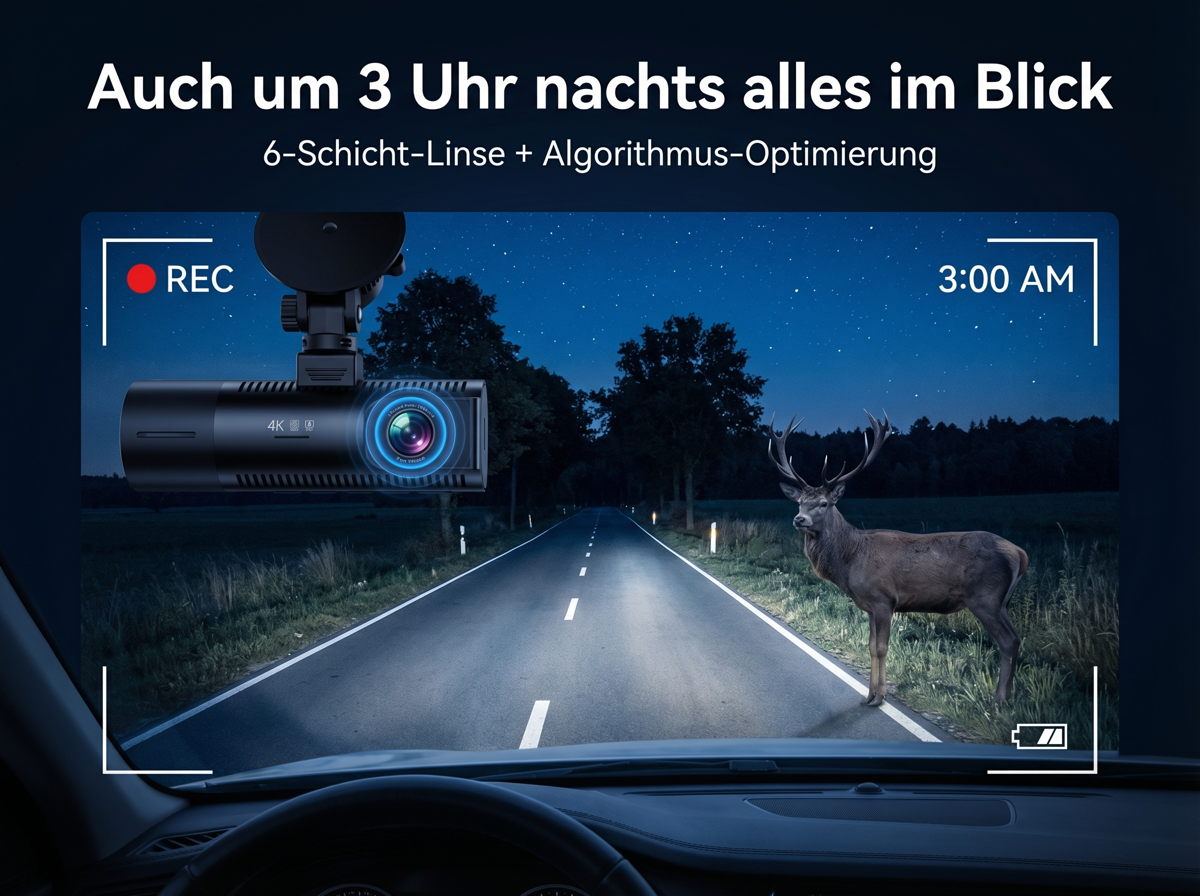 Ein Auto-Navigationsgerät filmt nachts eine Straße, auf der ein Hirsch steht.