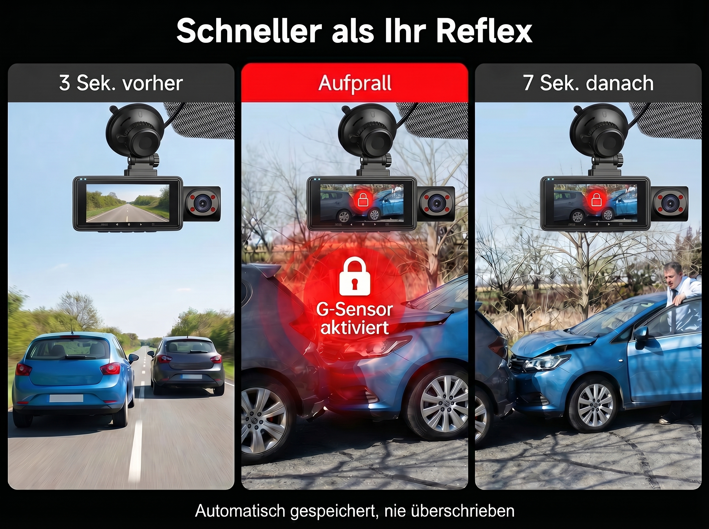 Drei Autos auf einer Straße, das mittlere Auto hat einen Aufprall mit dem vorderen.