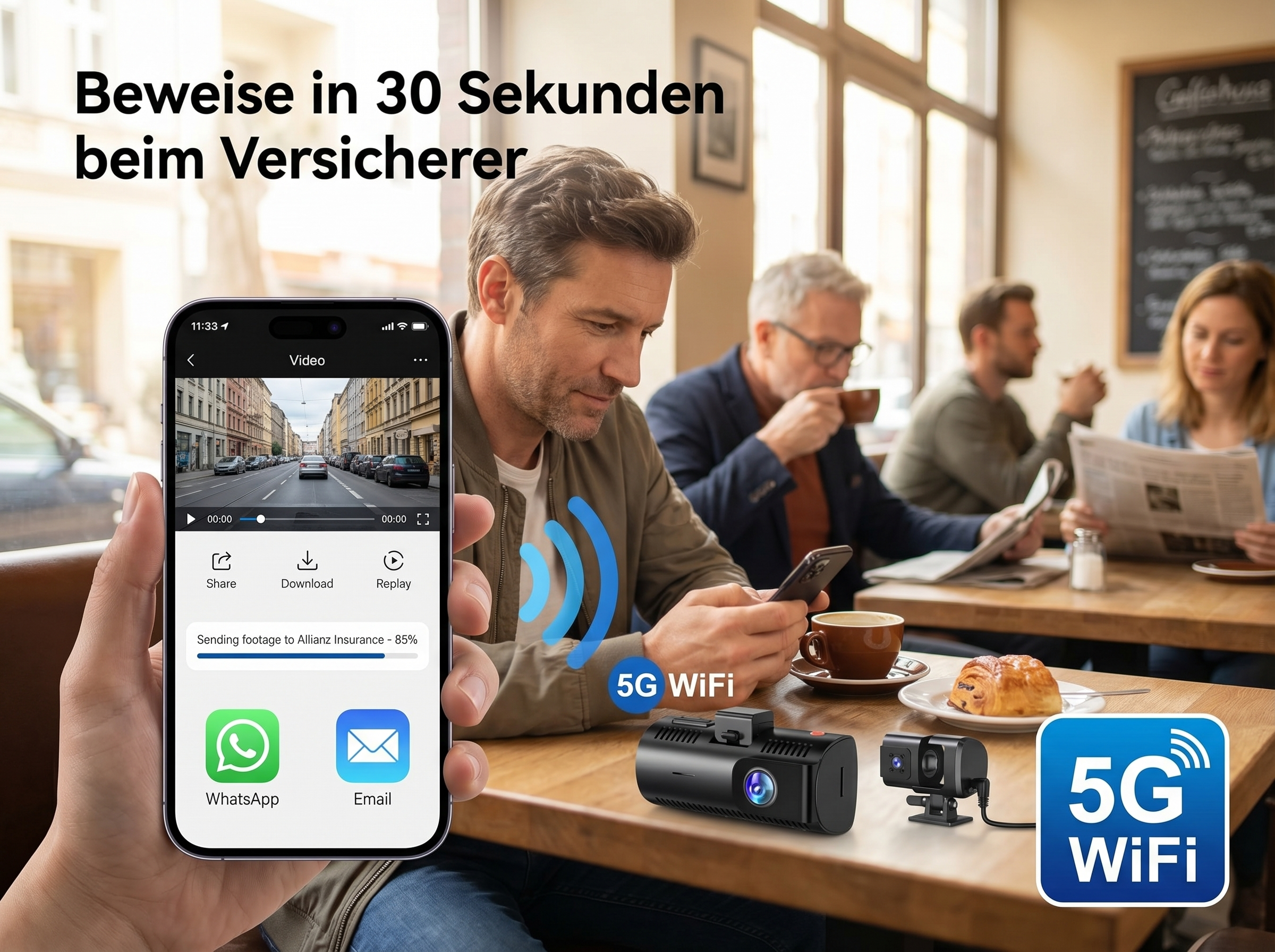 Mann im Café hält Smartphone mit Dashcam-App. Zwei Dashcams liegen auf dem Tisch.