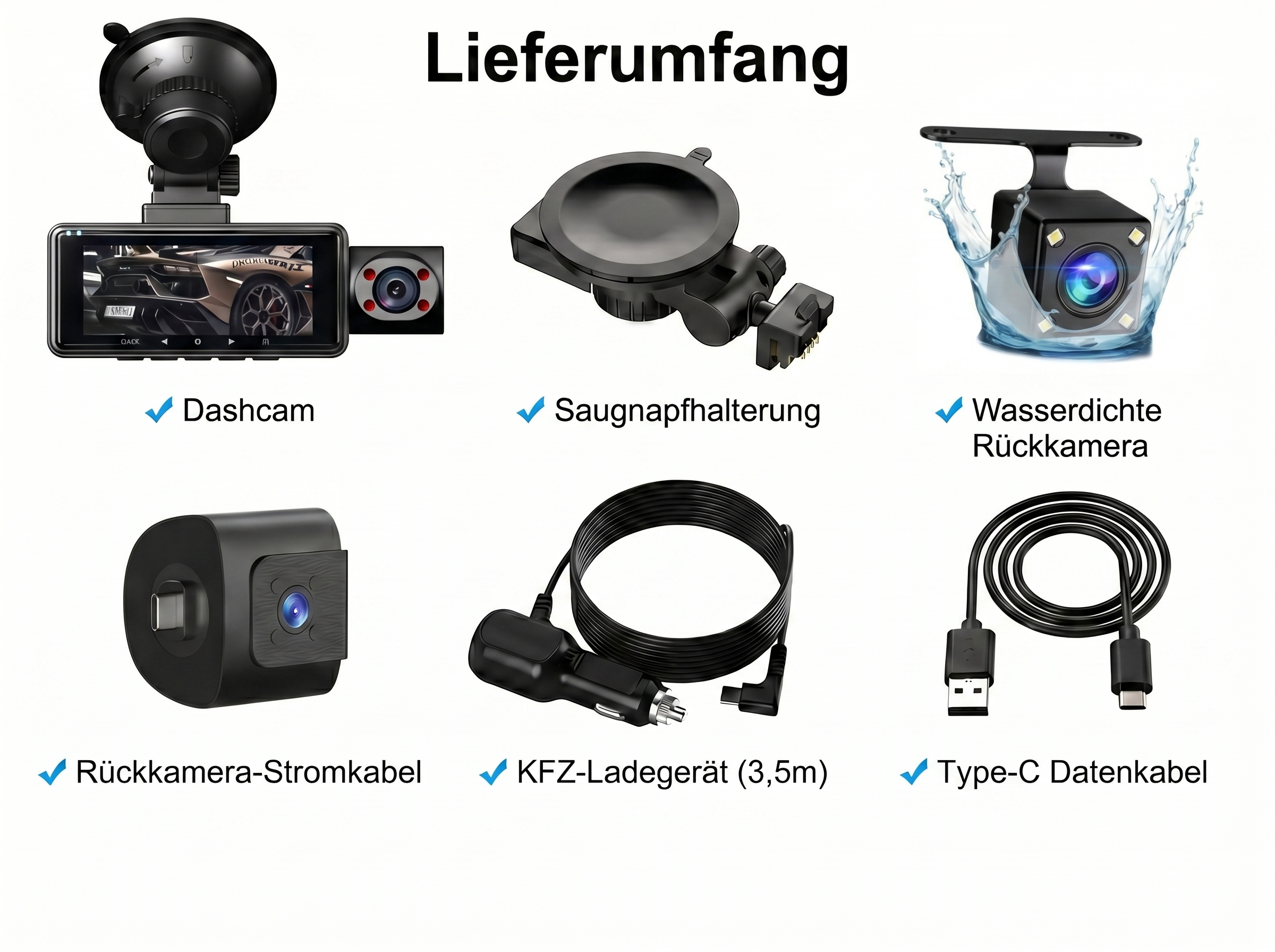 Bilder von Autozubehör: Dashcam, Saugnapfhalterung, Wasserdichte Rückkamera, Kabel, Ladegerät.
