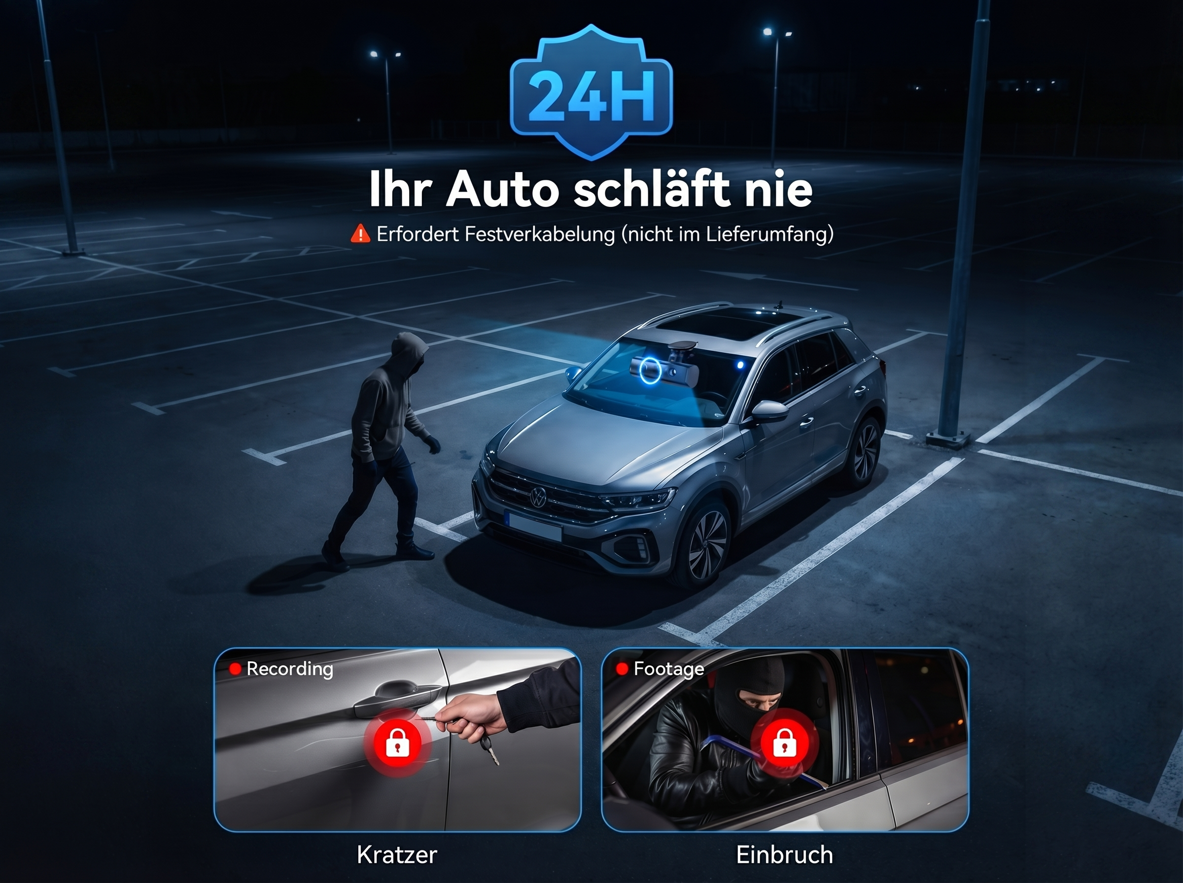 Ein Dieb nähert sich einem Auto auf einem nächtlichen Parkplatz.