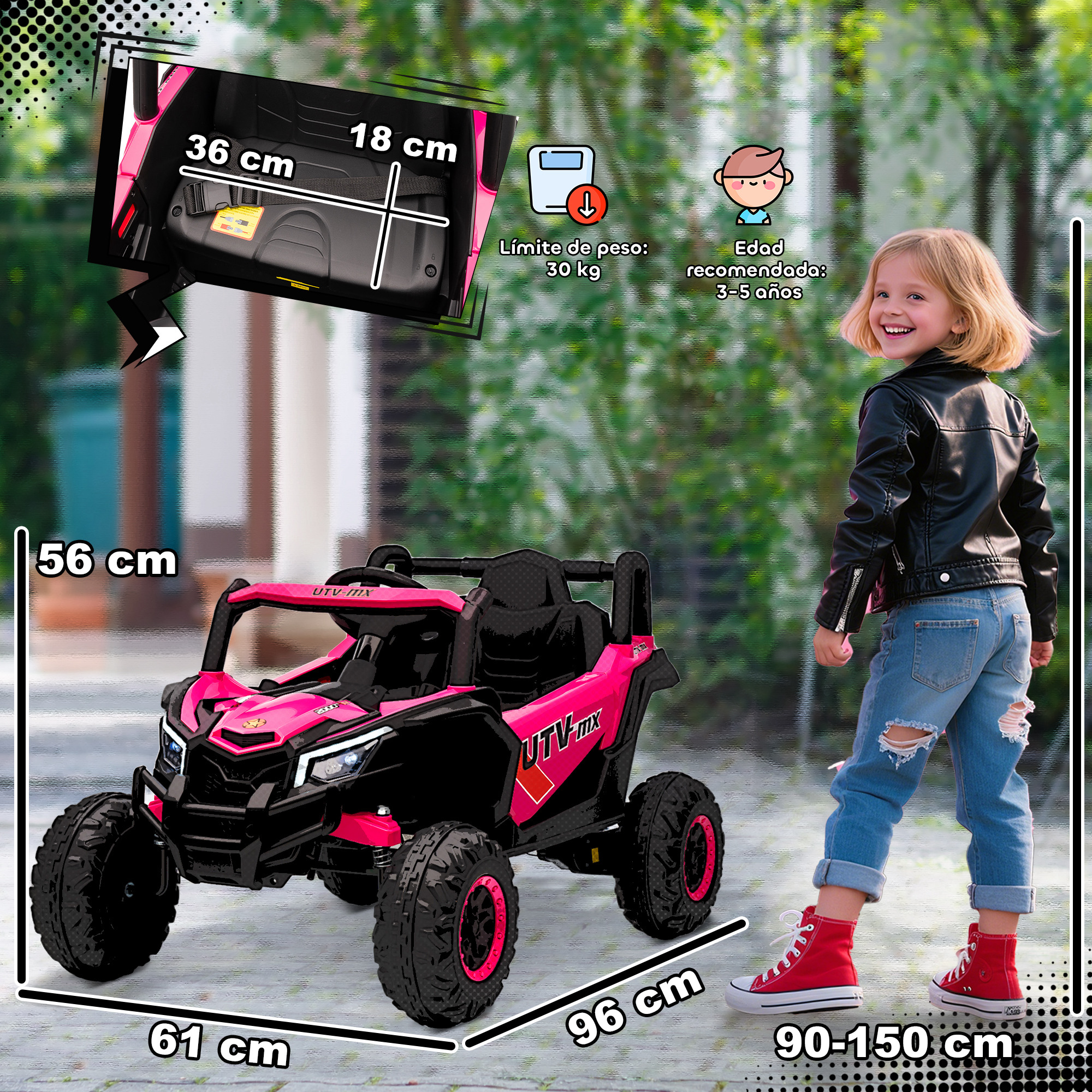 Un UTV infantil rosa con una niña al lado. Se indican medidas y edad recomendada.