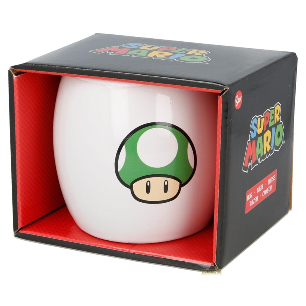 Taza blanca de Super Mario con diseño de hongo en caja.