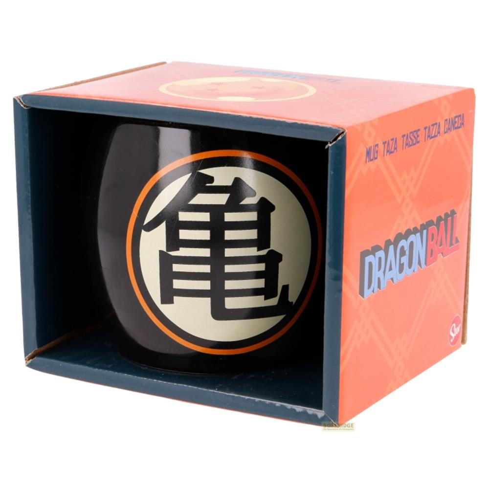 Taza negra de Dragon Ball con símbolo kanji en su caja.