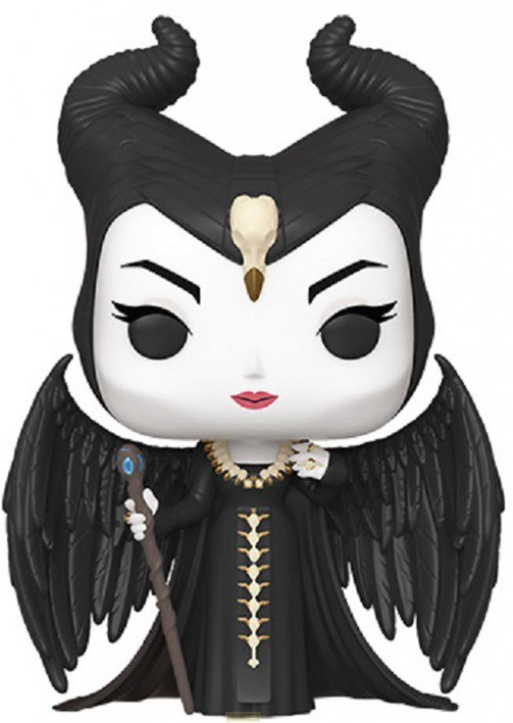 Maleficent Funko Pop mit schwarzen Flügeln, Hörnern, Stab und Totenkopfschmuck.