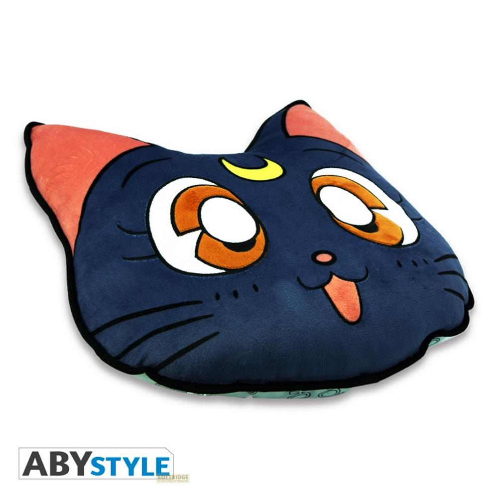 Ein dunkelblauer Kissenbezug in Form eines Katzenkopfes mit orangefarbenen Ohren und Augen.