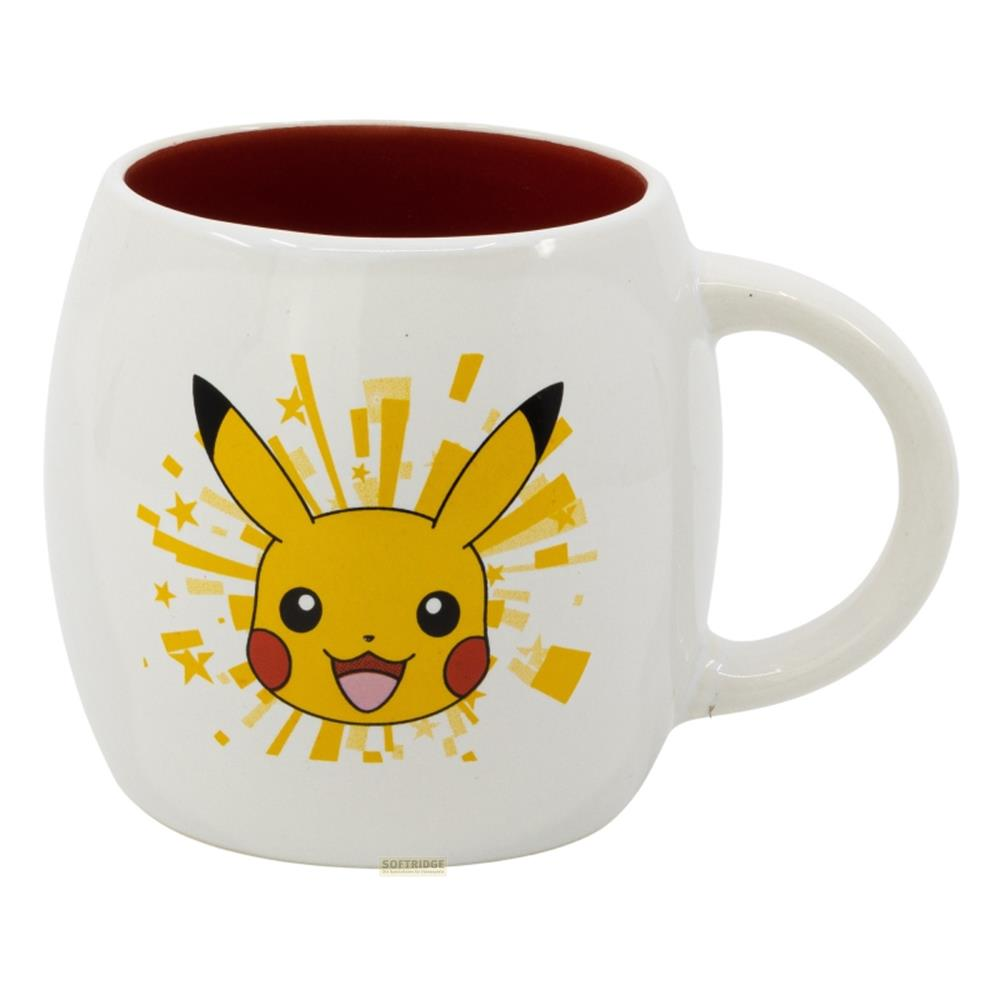 Weiße Tasse mit Pikachu-Motiv und roter Innenseite.