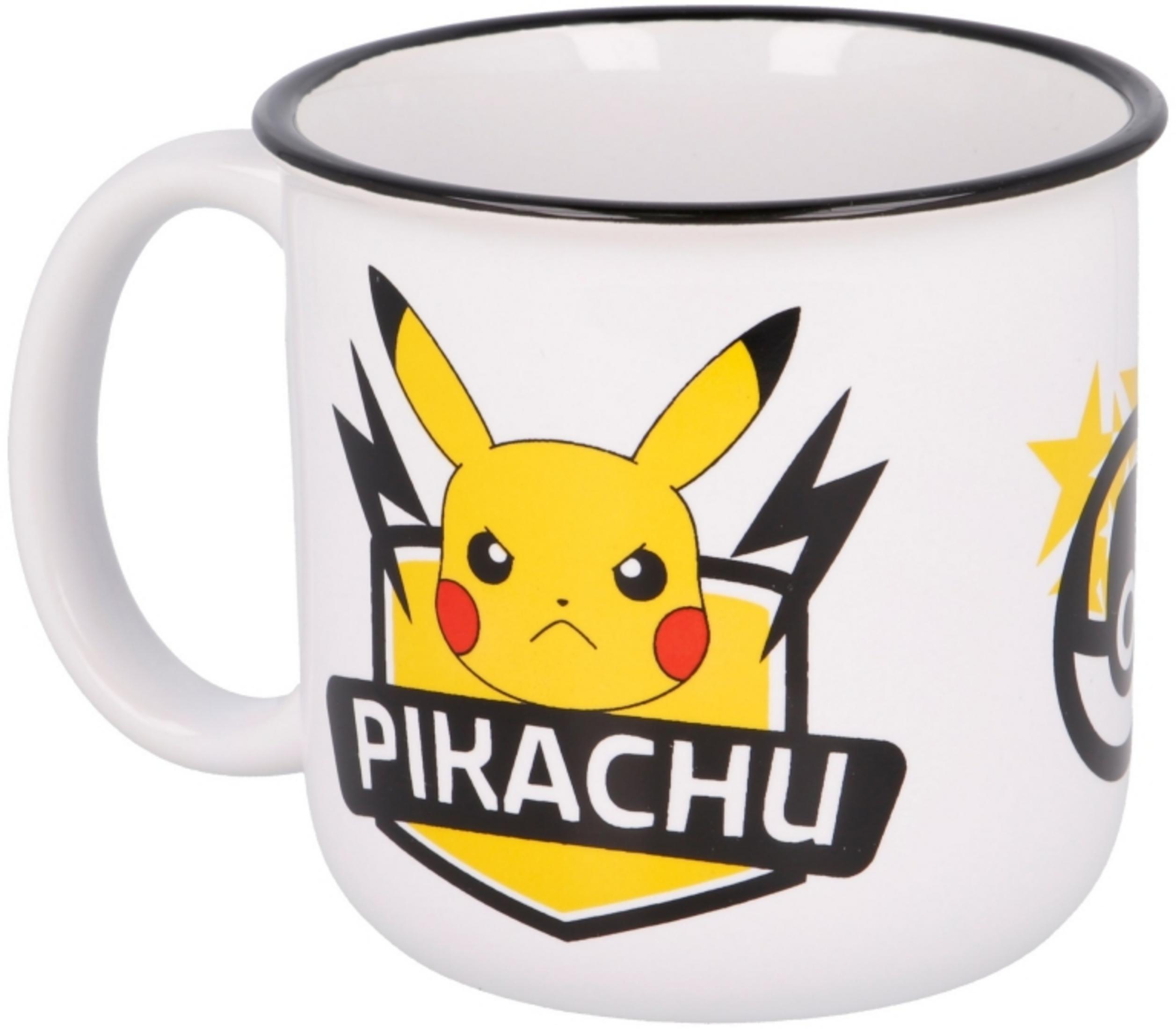 Weiße Tasse mit Pikachu-Aufdruck, schwarzer Rand und Henkel.