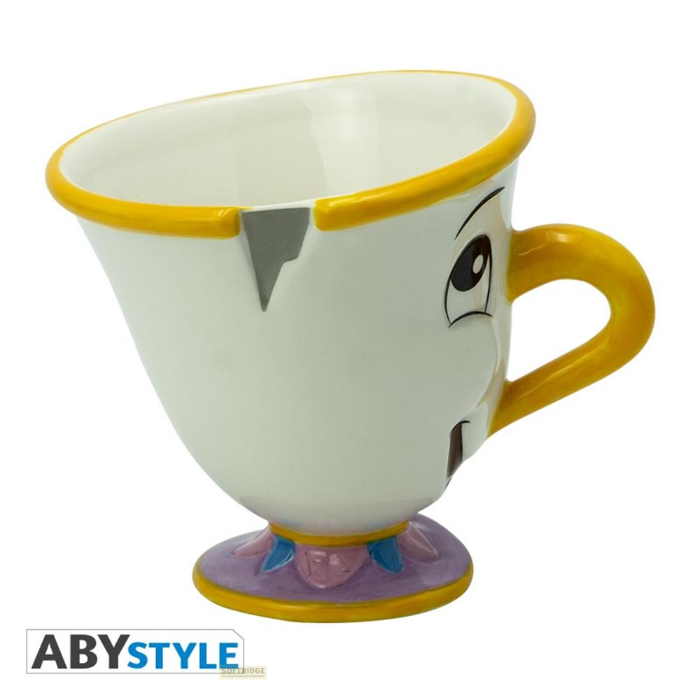 Una taza blanca con asa y borde amarillo, con una cara de dibujos animados.