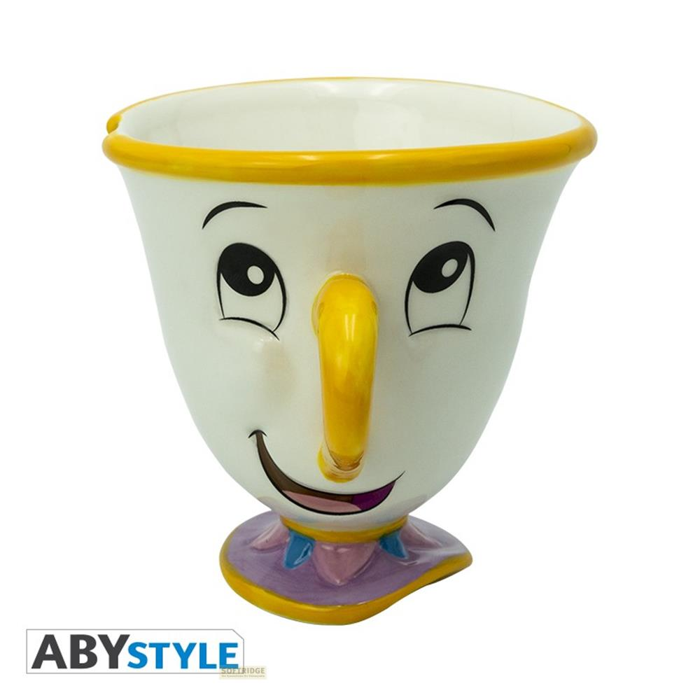 Una taza blanca con borde y cara amarillos, asa blanca, sobre fondo blanco.