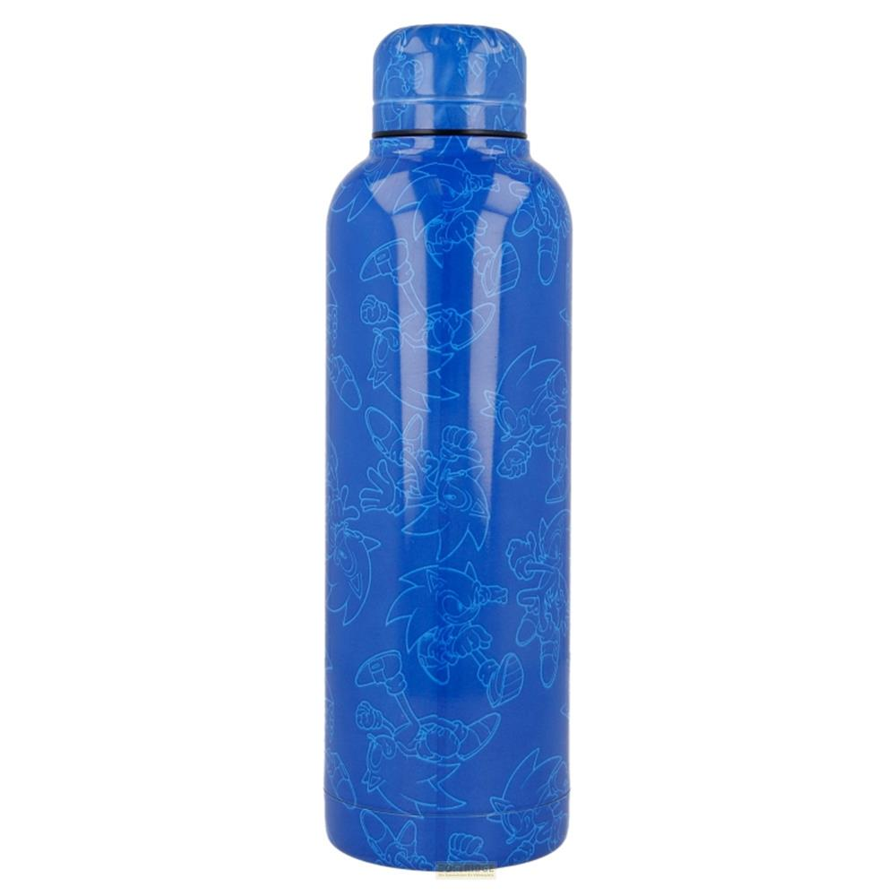 Una botella de agua azul con gráficos de Sonic y tapa de rosca.
