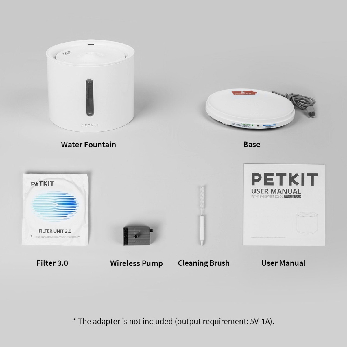 Fontana per acqua PETKIT, base, filtro 3.0, pompa, spazzola e manuale.