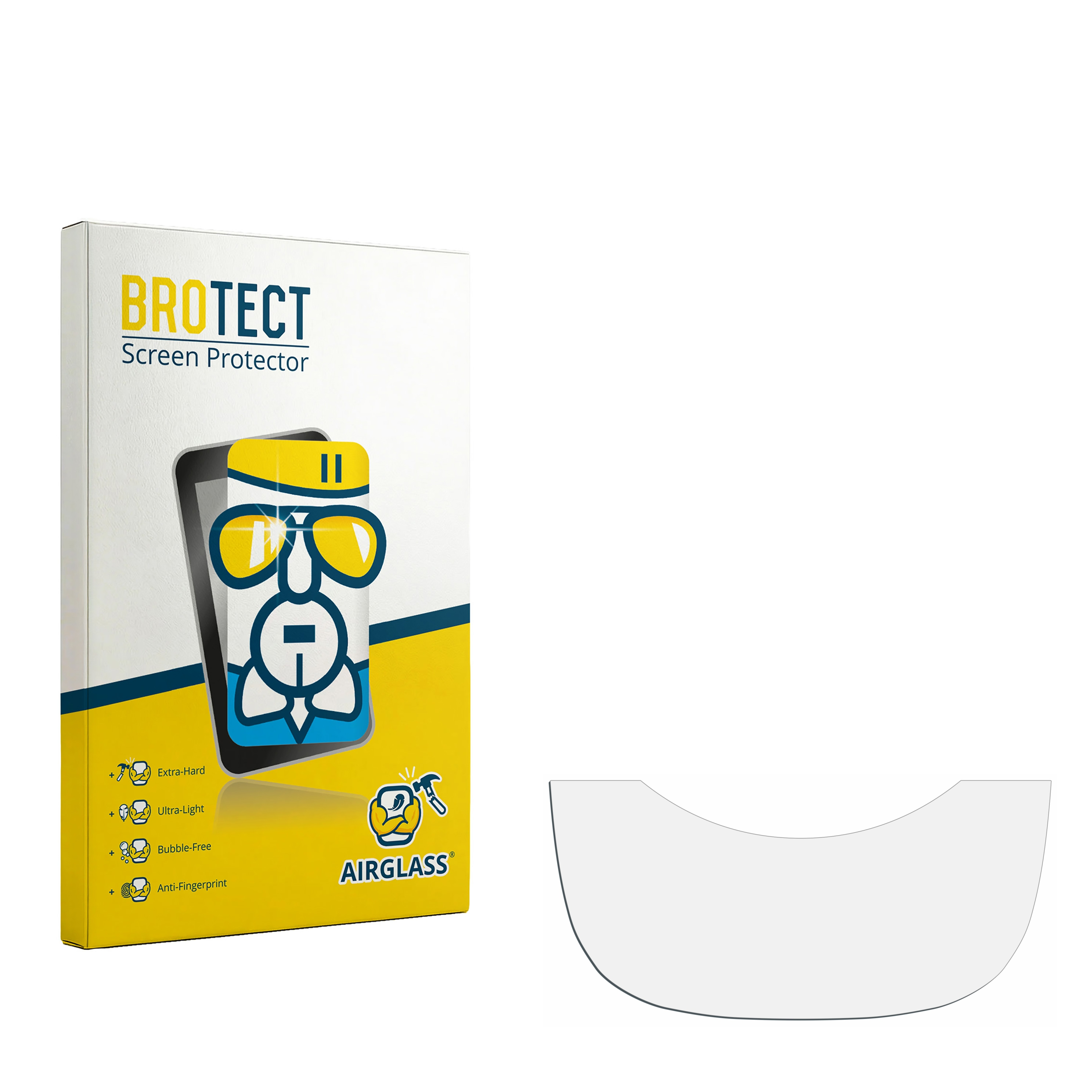 BROTECT Displayschutzverpackung mit aufgelisteten Merkmalen, neben einem klaren Displayschutz.