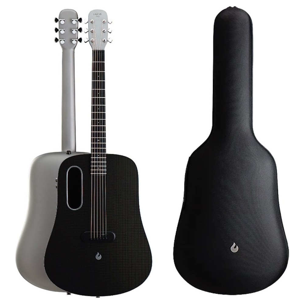 Gümüş saplı siyah akustik gitar ve gitar çantası.