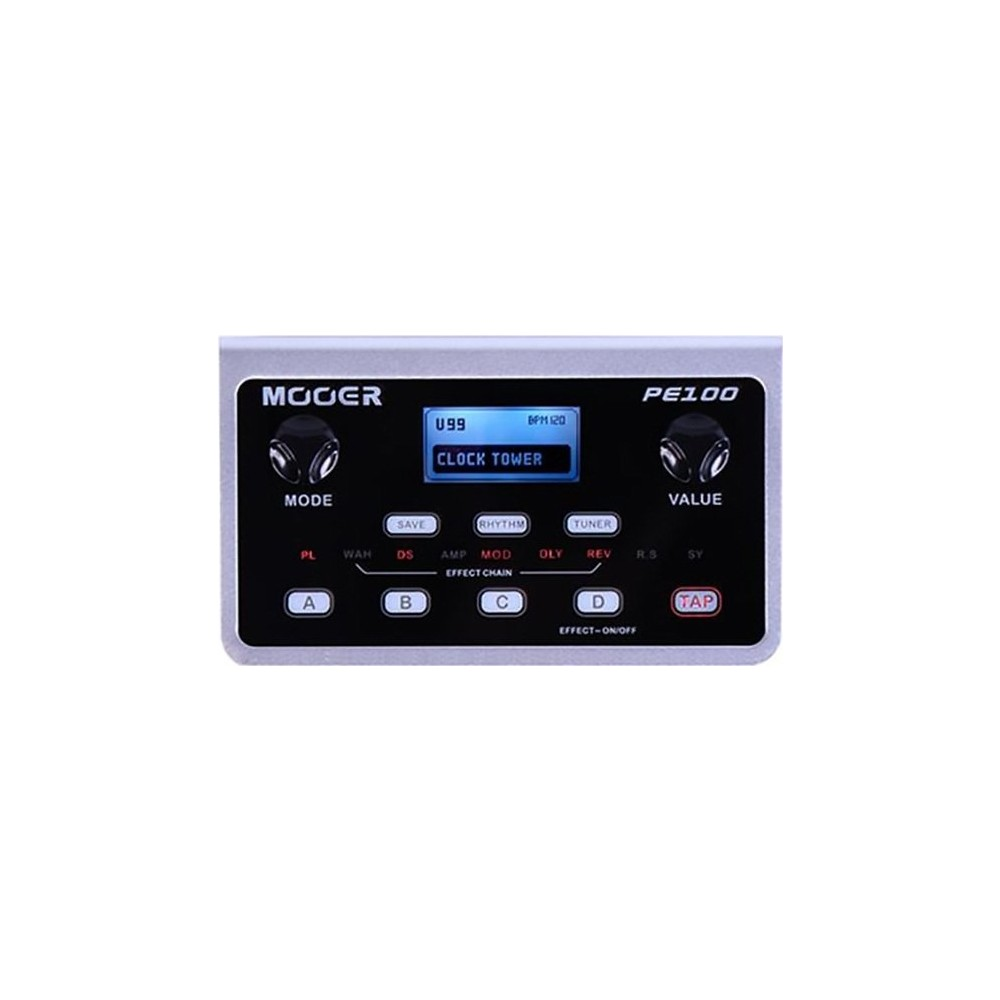 Mooer PE100 dijital gitar efekt pedalı, 'Clock Tower' ön ayarını gösteren ekranlı.