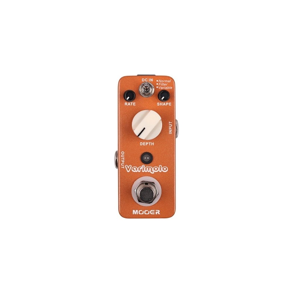 Rate, Shape, Depth kontrolleri ve jakları olan turuncu bir gitar pedalı.