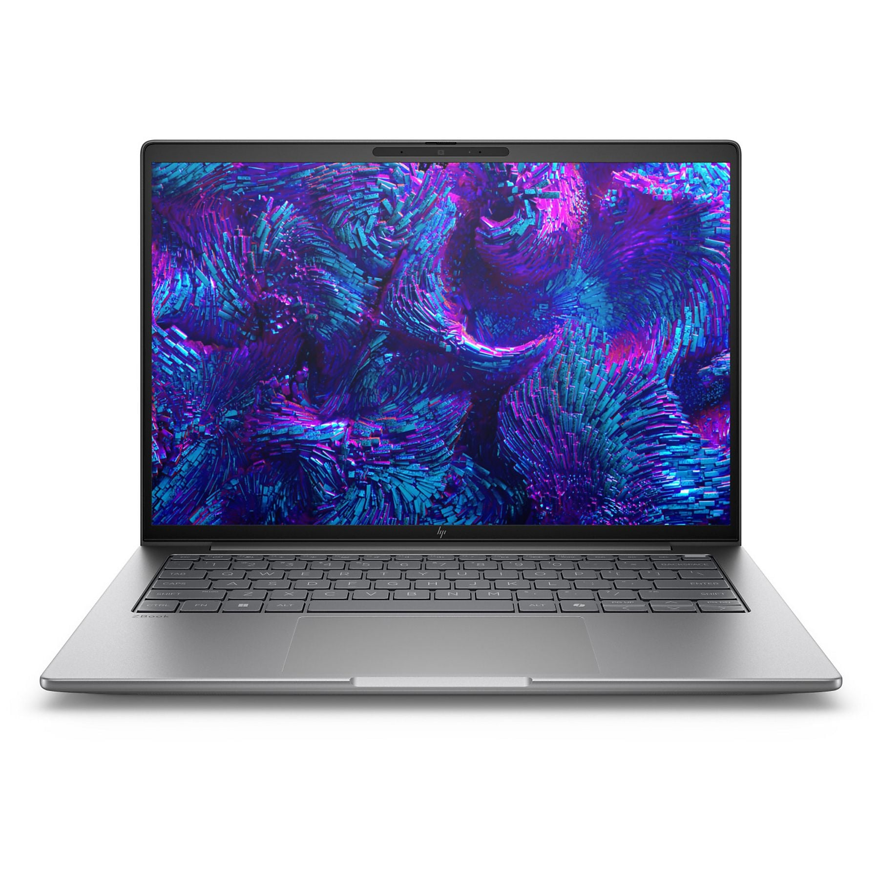 Un laptop argentato aperto che mostra uno schermo di sfondo astratto blu e viola.