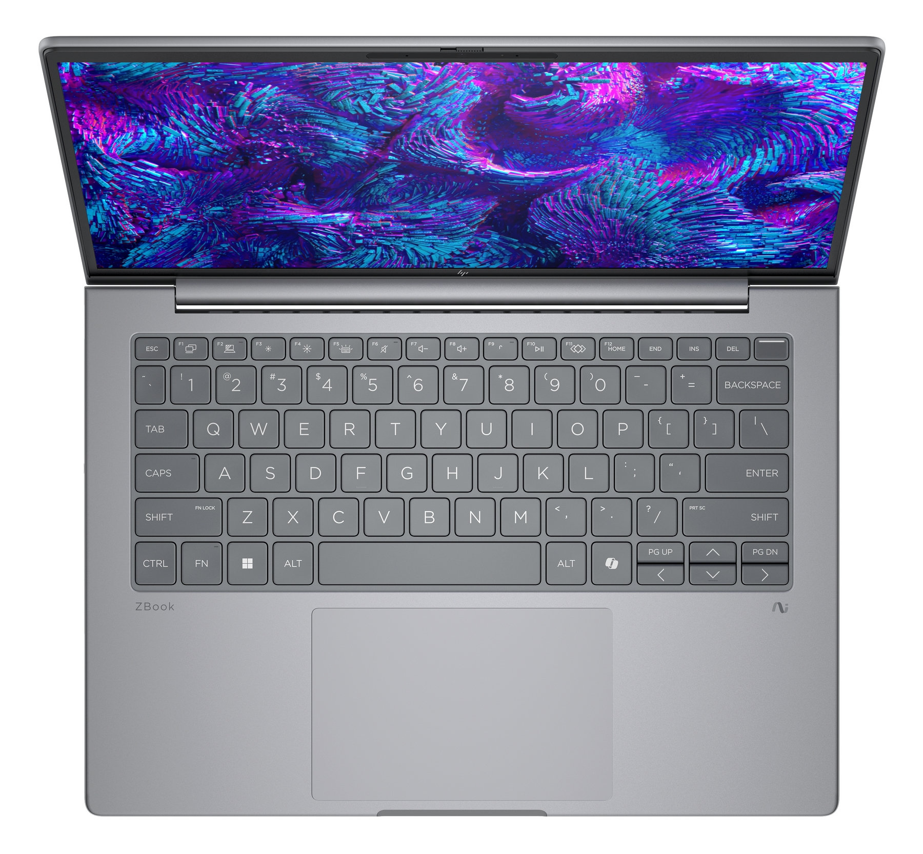 Laptop grigio con display aperto che mostra un motivo astratto e colorato.