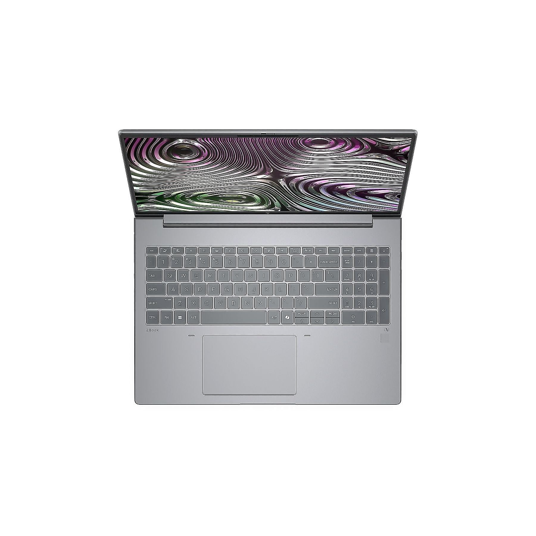 Un laptop argento è aperto, con un motivo astratto sullo schermo.